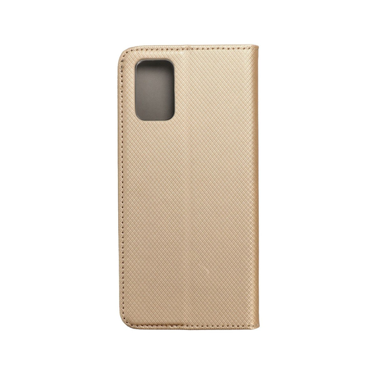 Una custodia dorata per telefono con un ritaglio rettangolare per la fotocamera.