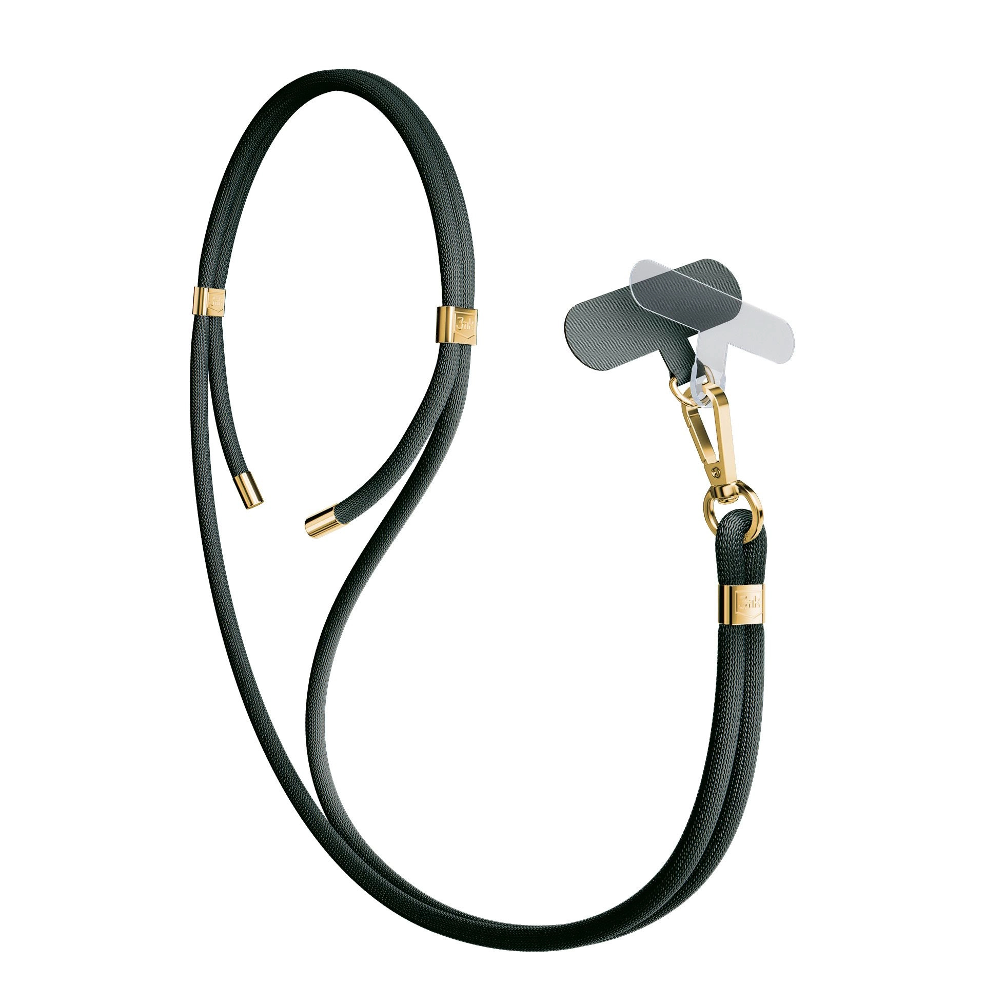 Laccio nero per telefono con accenti dorati e clip di aggancio.