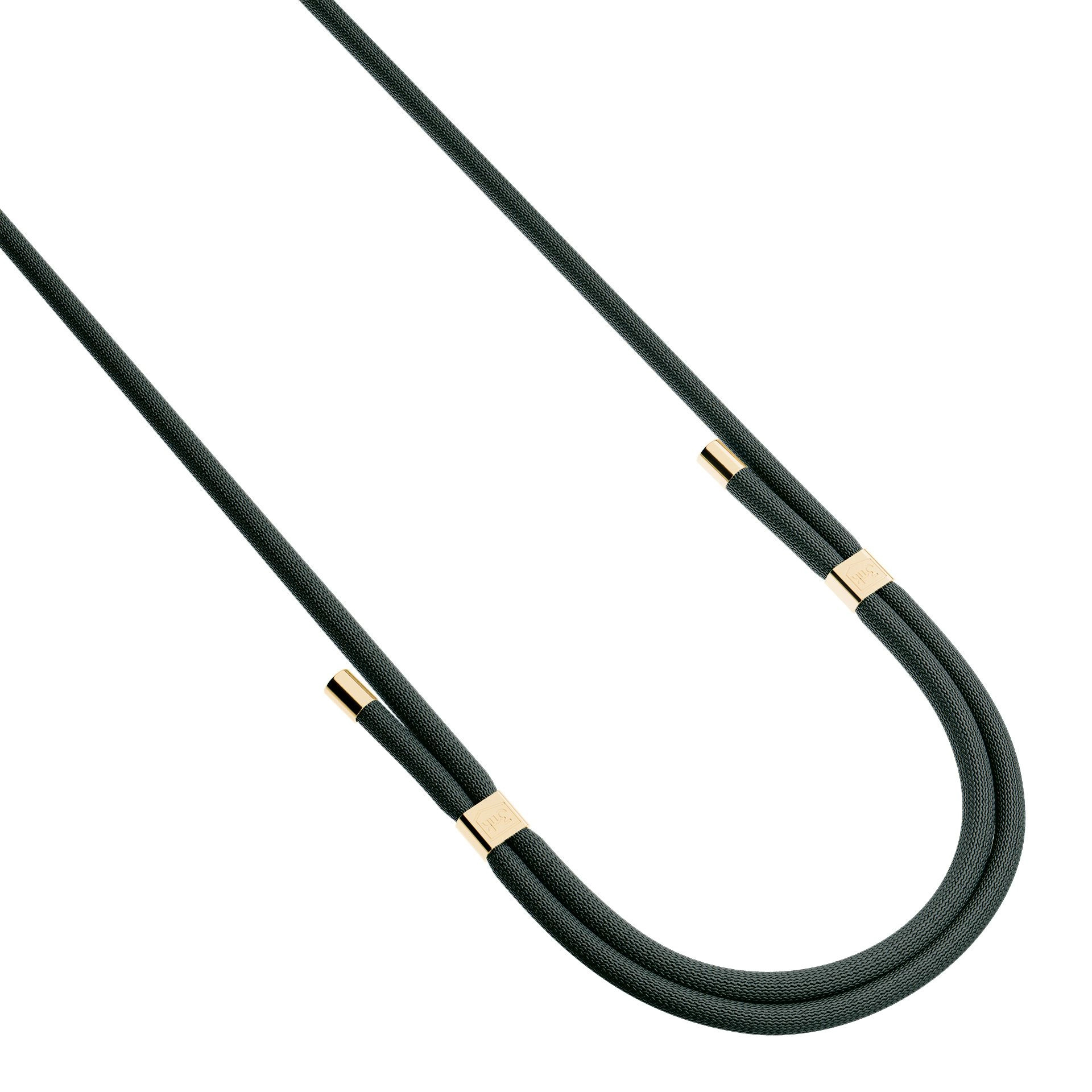 Corda grigio scuro con tappi dorati, a forma di U.