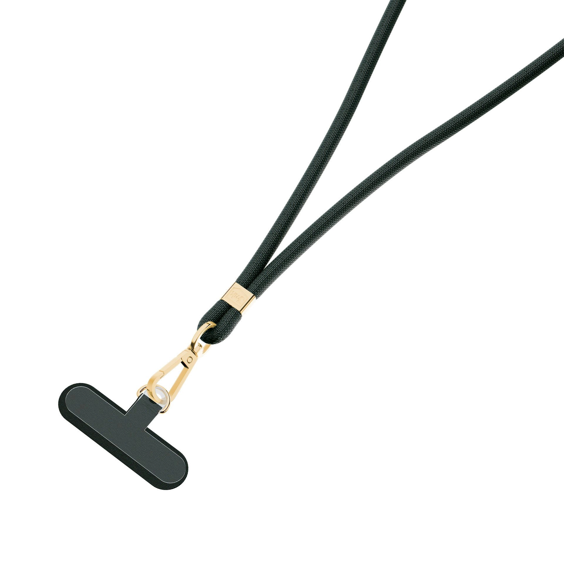 Un cordino nero con un'etichetta a forma di T e ferramenta dorata.