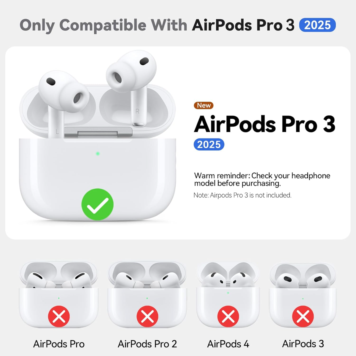 Weiße AirPods Pro 3 im Etui mit Häkchen. Andere Modelle haben X-Markierungen.