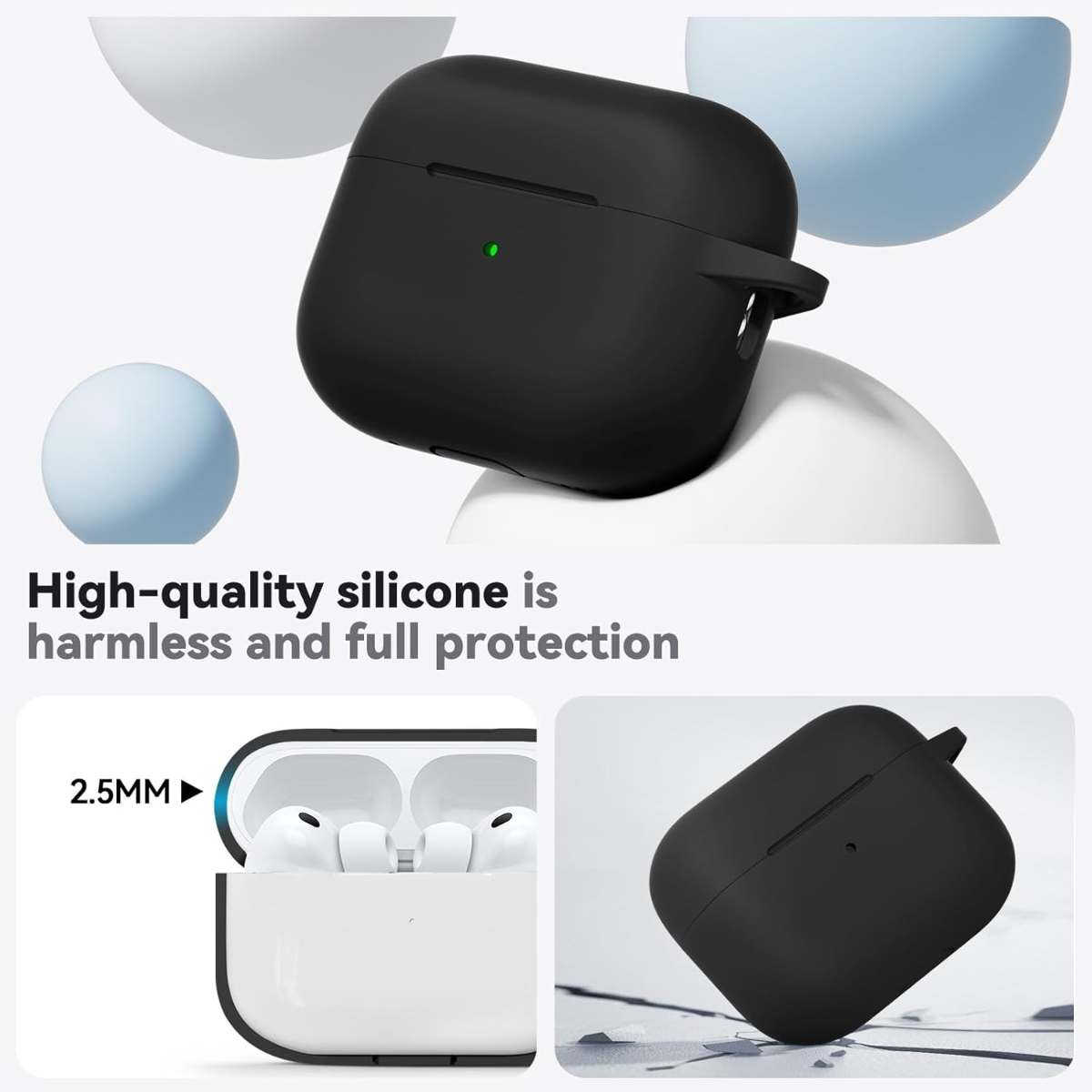 Schwarzes AirPods Pro Hülle mit grünem Lämpchen, daneben AirPods Pro im weißen Ladecase.