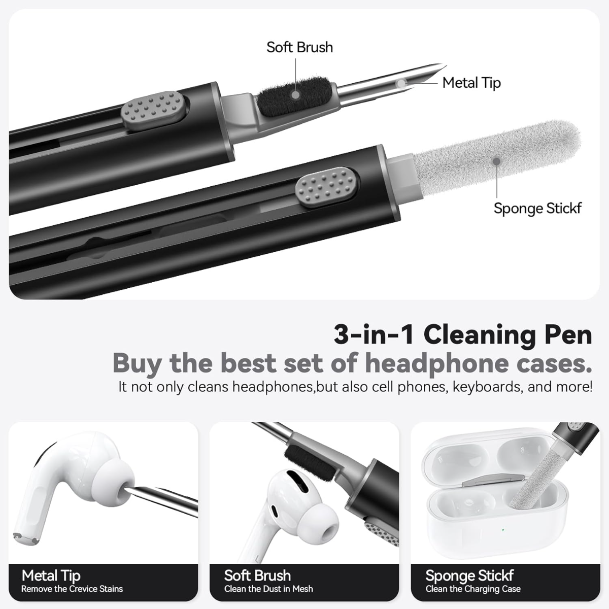 3-in-1 Reinigungsstift mit Metallspitze, weicher Bürste und Schwamm für Kopfhörer.
