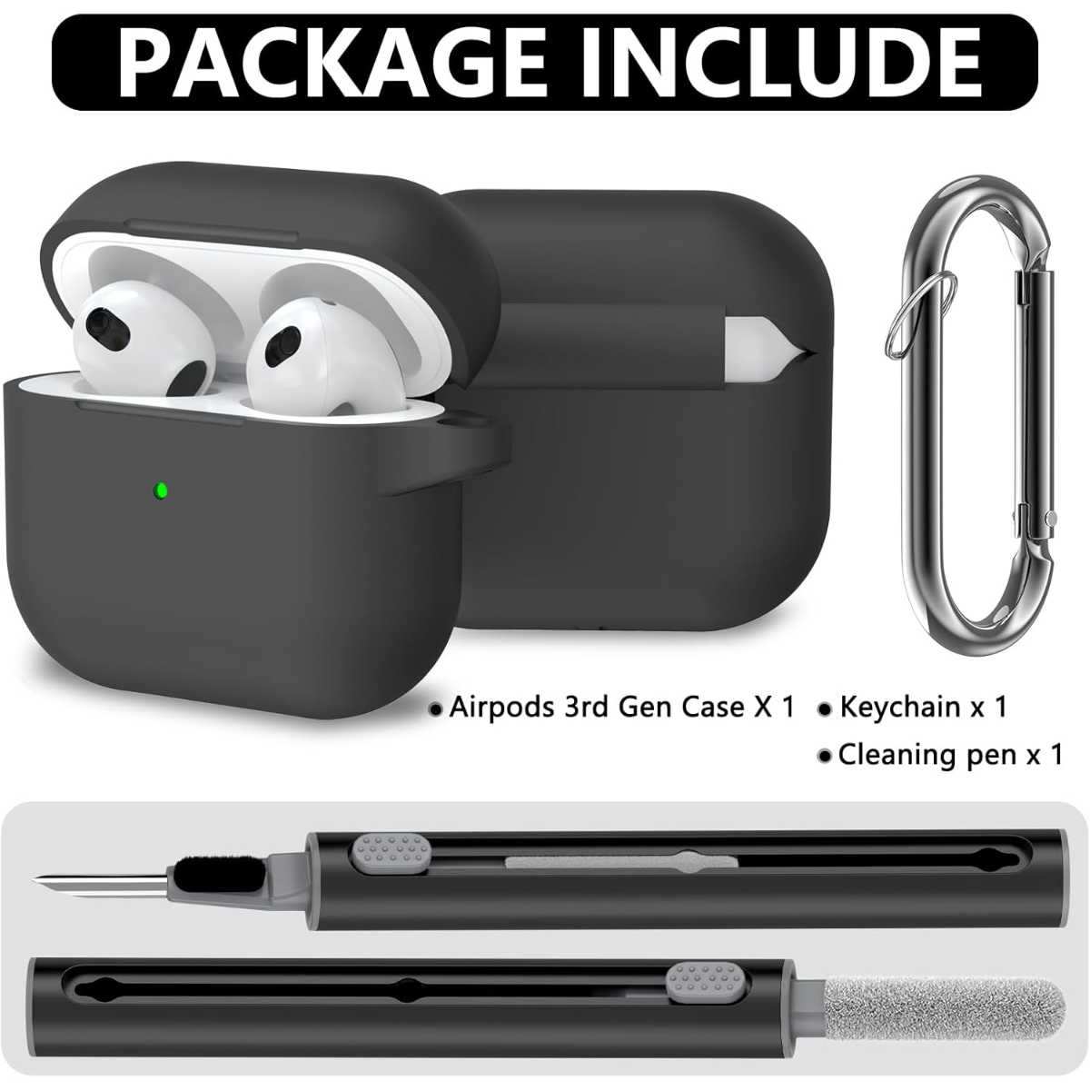 Un estuche negro para Airpods 3.ª gen con auriculares, un llavero y un bolígrafo limpiador.