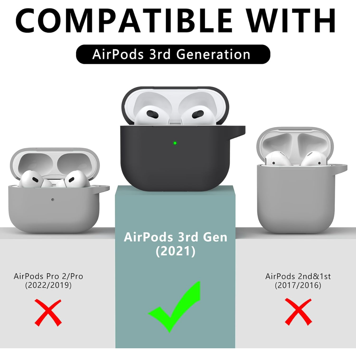 Tres fundas de AirPods muestran compatibilidad: AirPods 3.ª gen (2021) es compatible.
