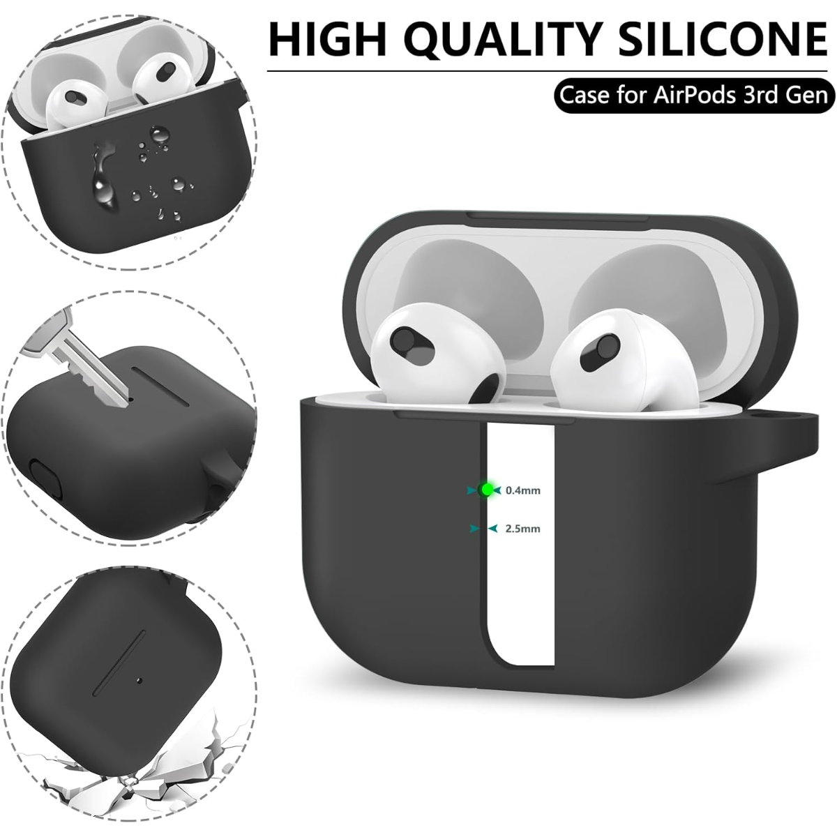 Funda de silicona negra para AirPods 3.ª gen con tapa abierta y audífonos.