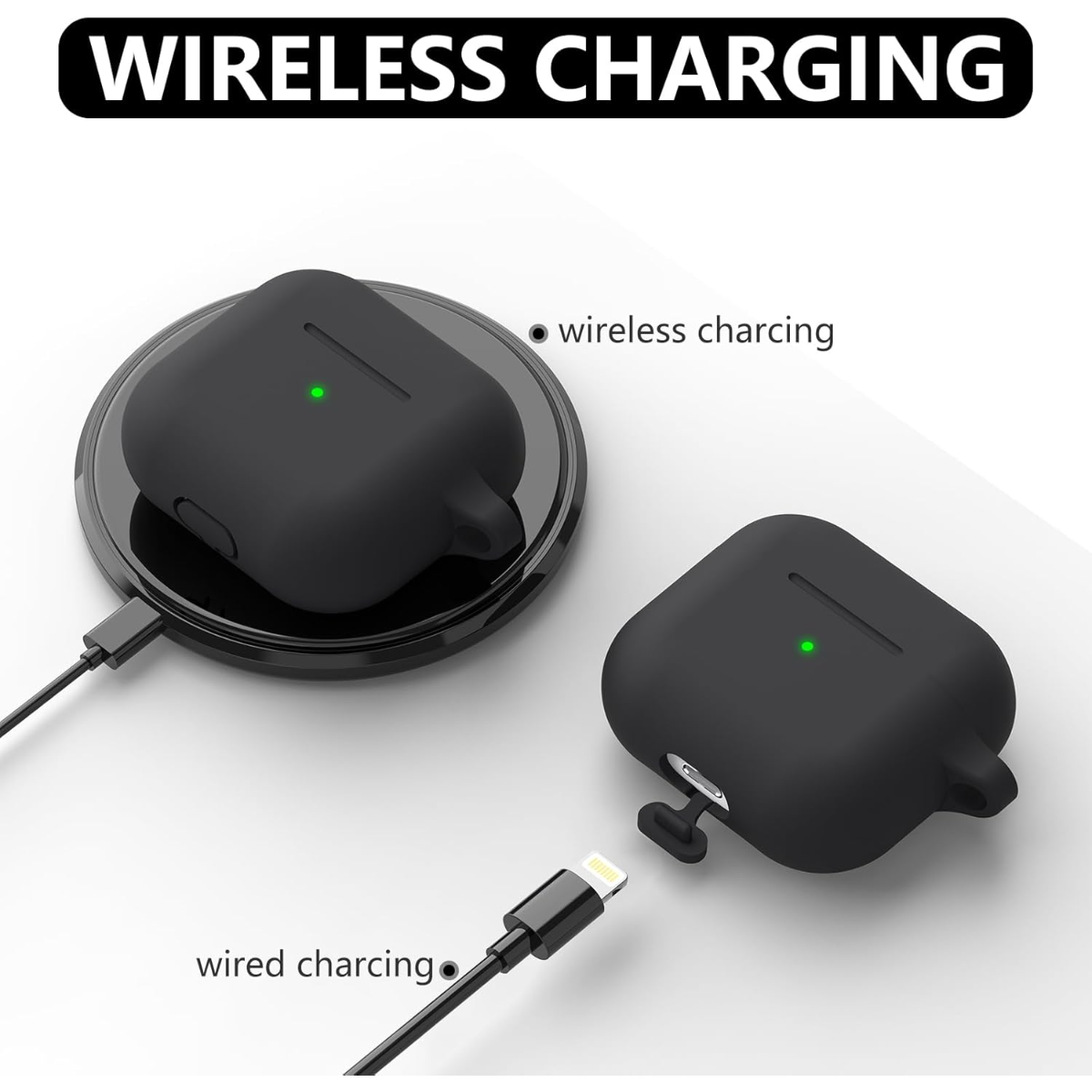 Carcasas de carga negras para auriculares, una inalámbrica en una base, una por cable.