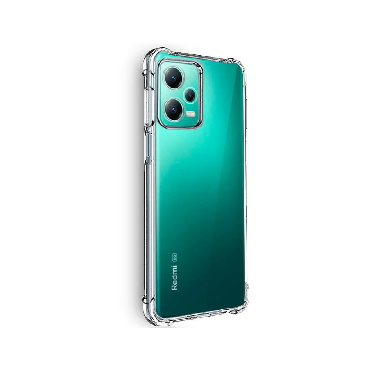 Telefono Redmi verde con custodia protettiva trasparente, mostra tre fotocamere posteriori.