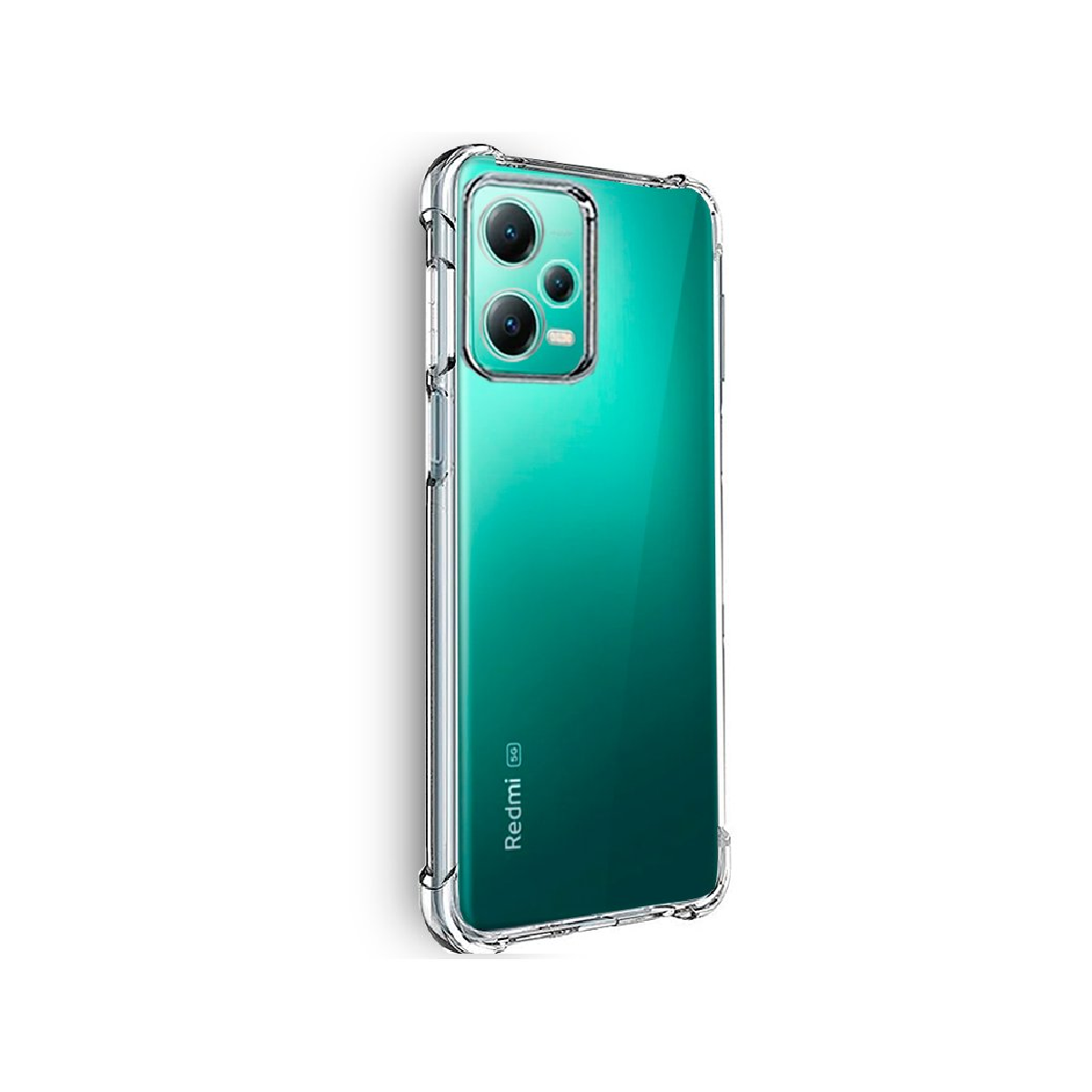Una cover trasparente per telefono su un telefono verde con tre fotocamere.