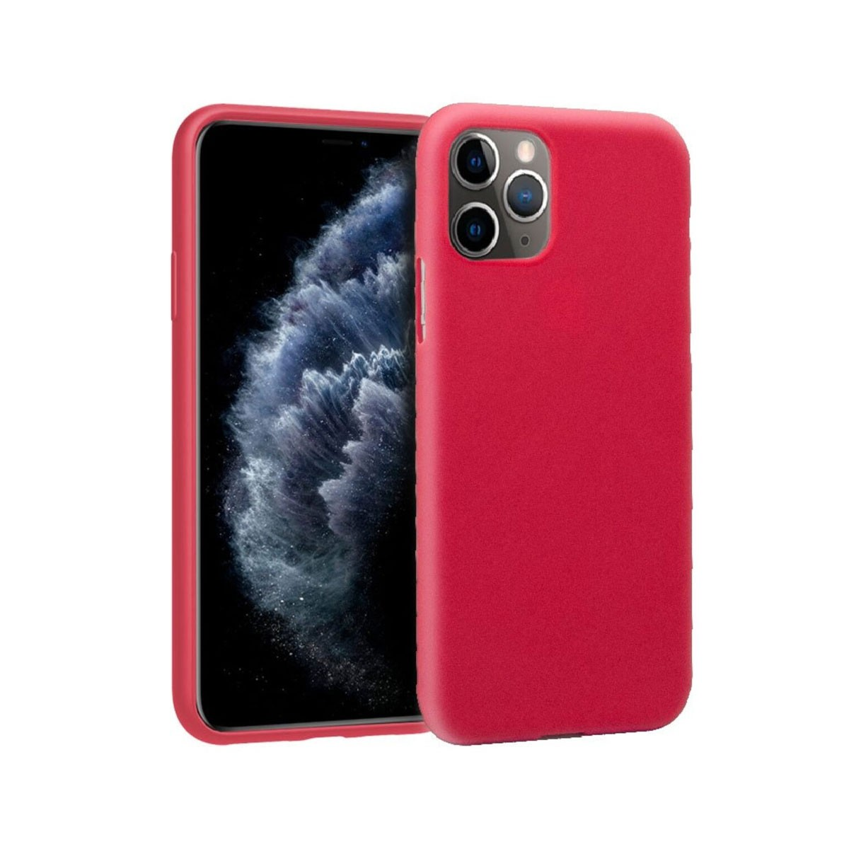 Custodia rossa per telefono su un iPhone con sfondo blu-grigiastro.