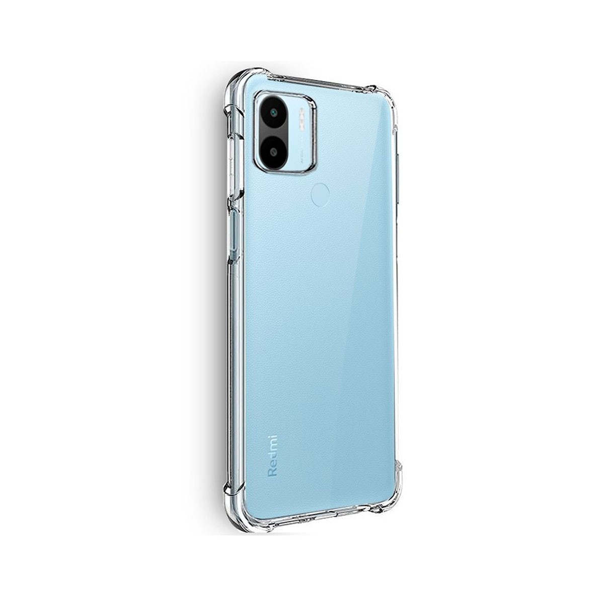 Una cover protettiva trasparente copre un telefono azzurro, mostrando il modulo fotocamera e il marchio.