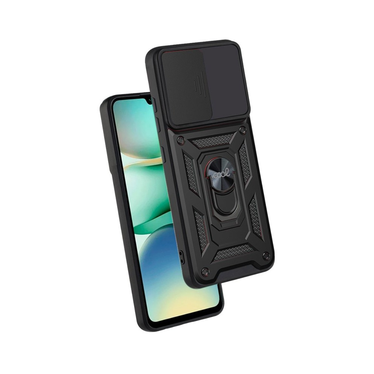 Custodia nera per telefono con copri fotocamera scorrevole e anello porta.