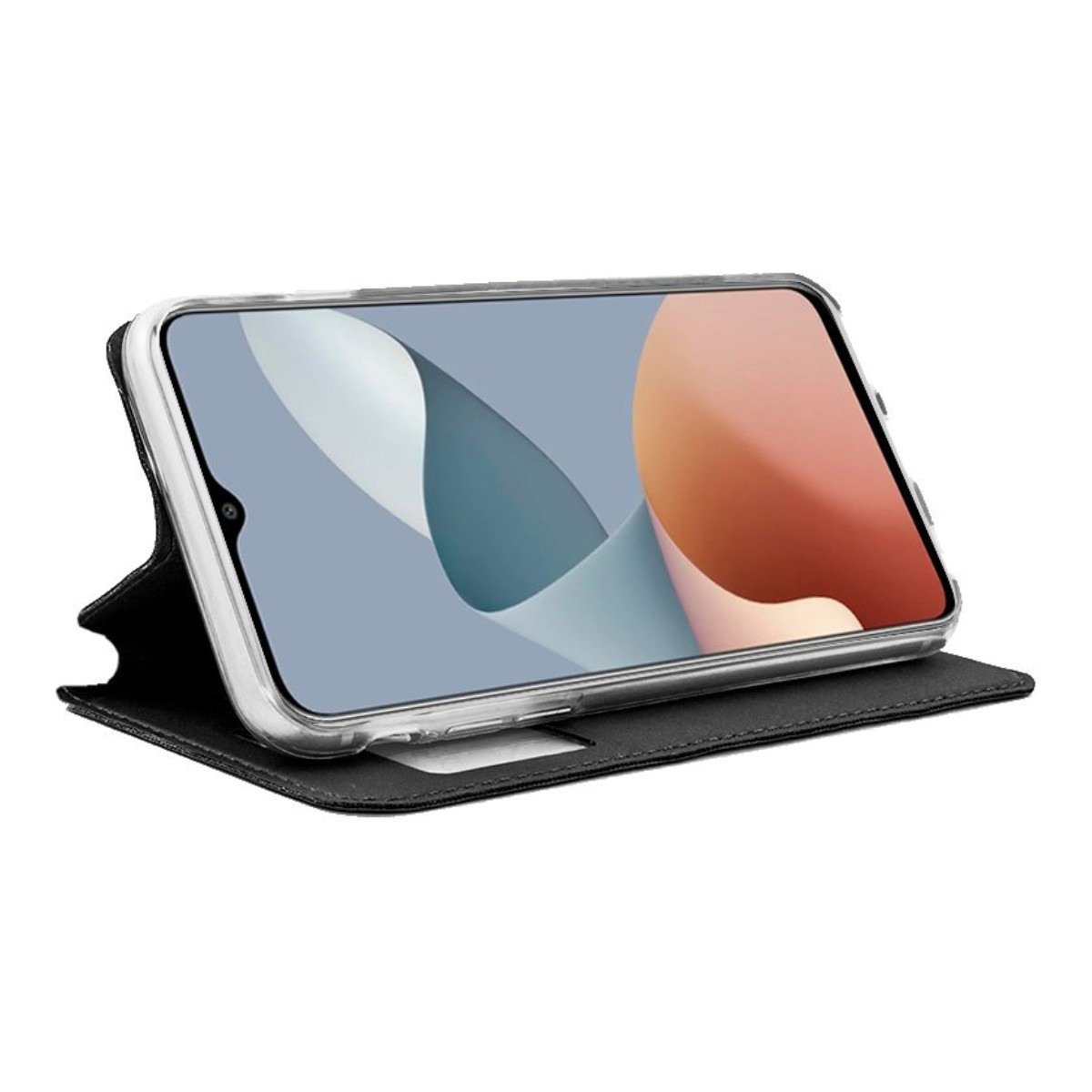 Uno smartphone in una custodia a libro nera con cornice trasparente.