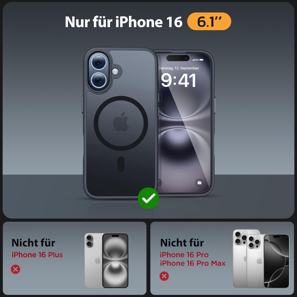 Schwarze iPhone 16 Hülle auf einem grauen Hintergrund, 6.1 Zoll.