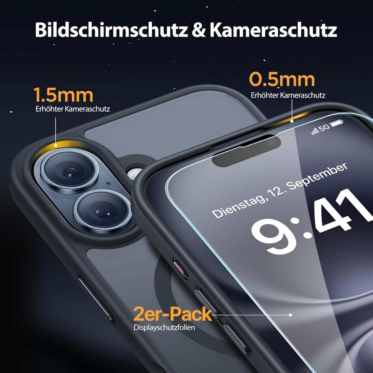 Telefon mit Displayschutz und Hülle. Kameraschutz 1,5mm, Display 0,5mm. 2er-Pack.
