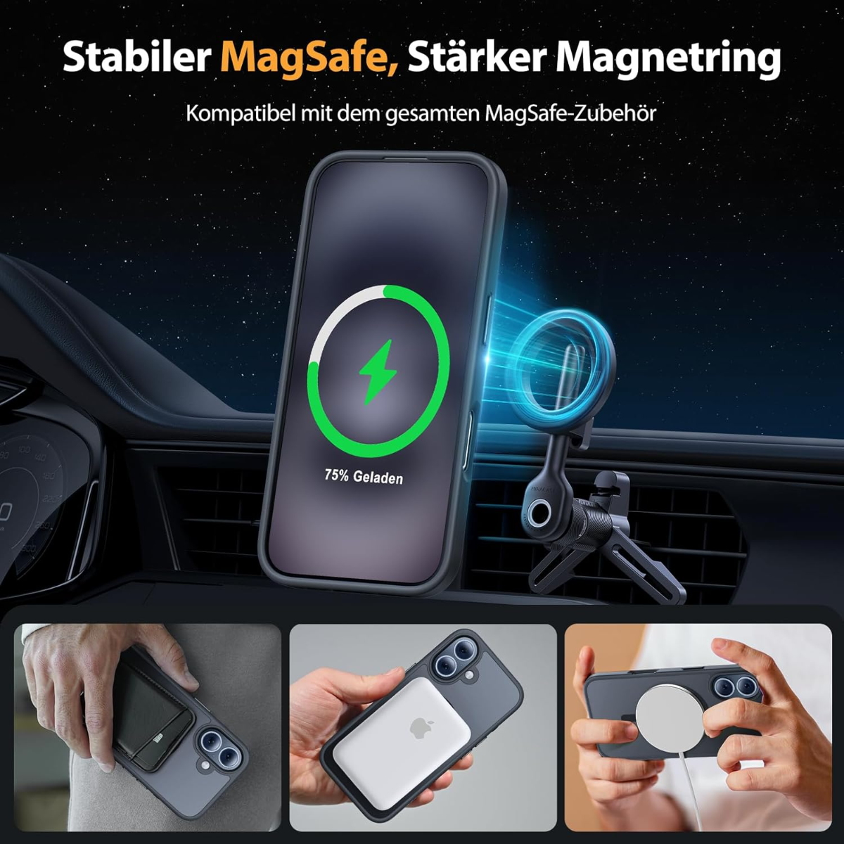 iPhone mit MagSafe-Halterung im Auto, lädt 75%.
