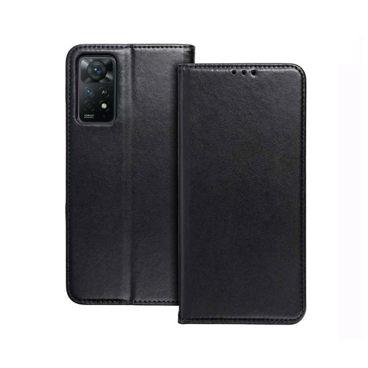 Custodia nera per telefono con ritaglio fotocamera e tre ritagli frontali.