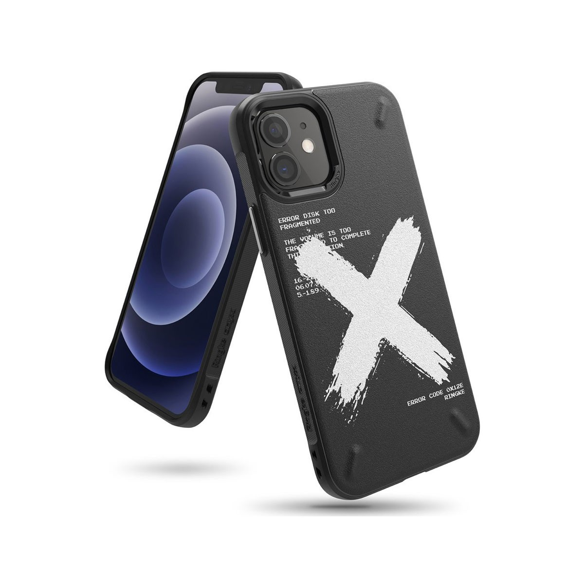 Una custodia nera per iPhone con una grande grafica a X bianca e testo è mostrata accanto a un telefono.