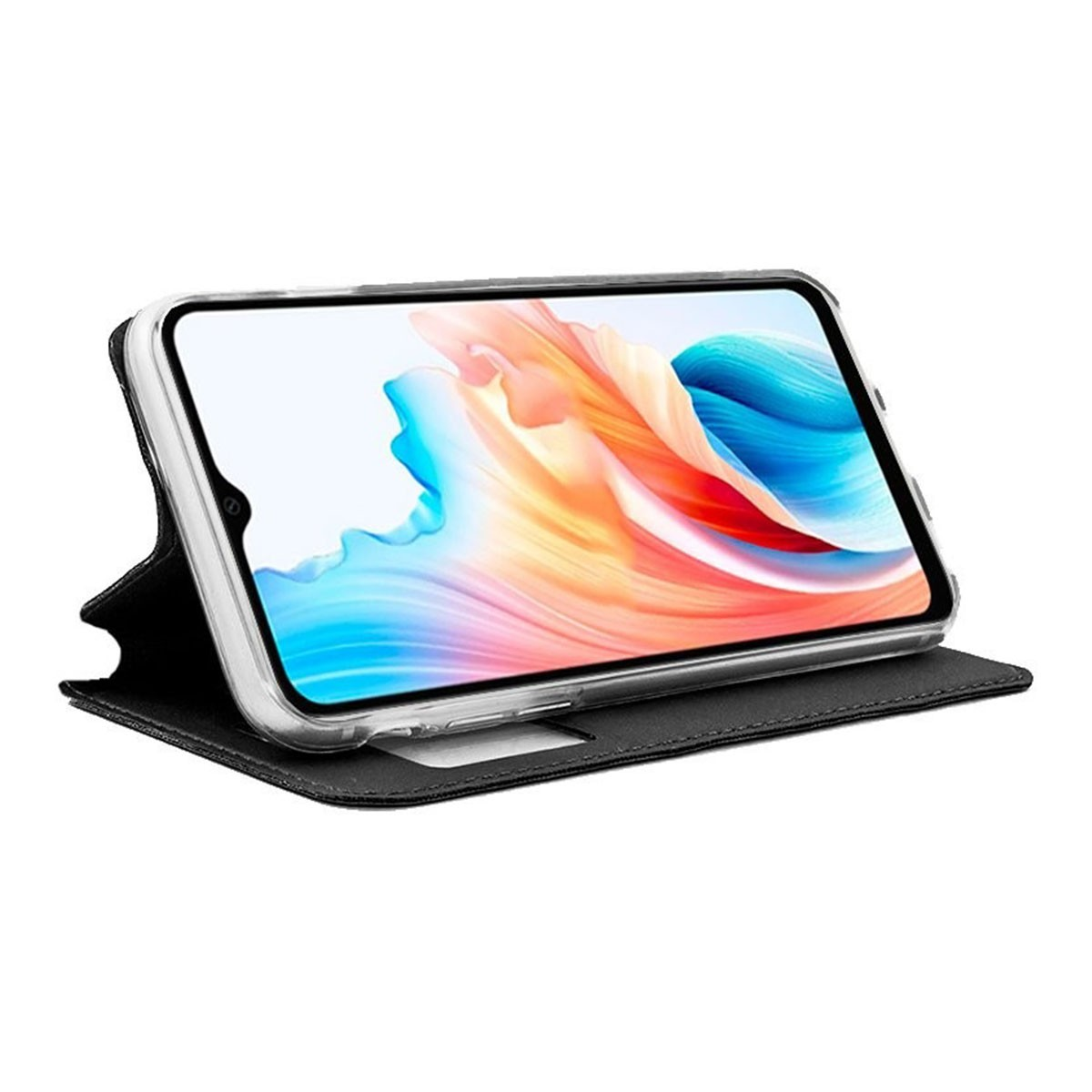 Uno smartphone in una custodia nera che mostra una grafica di sfondo colorata.