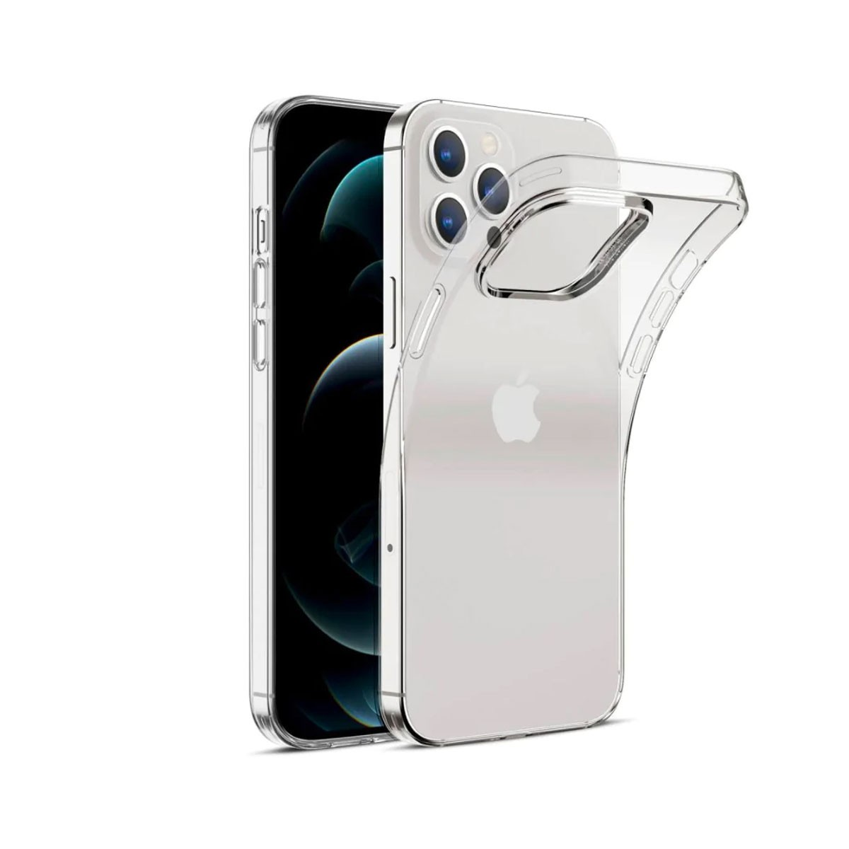Una custodia trasparente per iPhone su un telefono. Il telefono è nero.