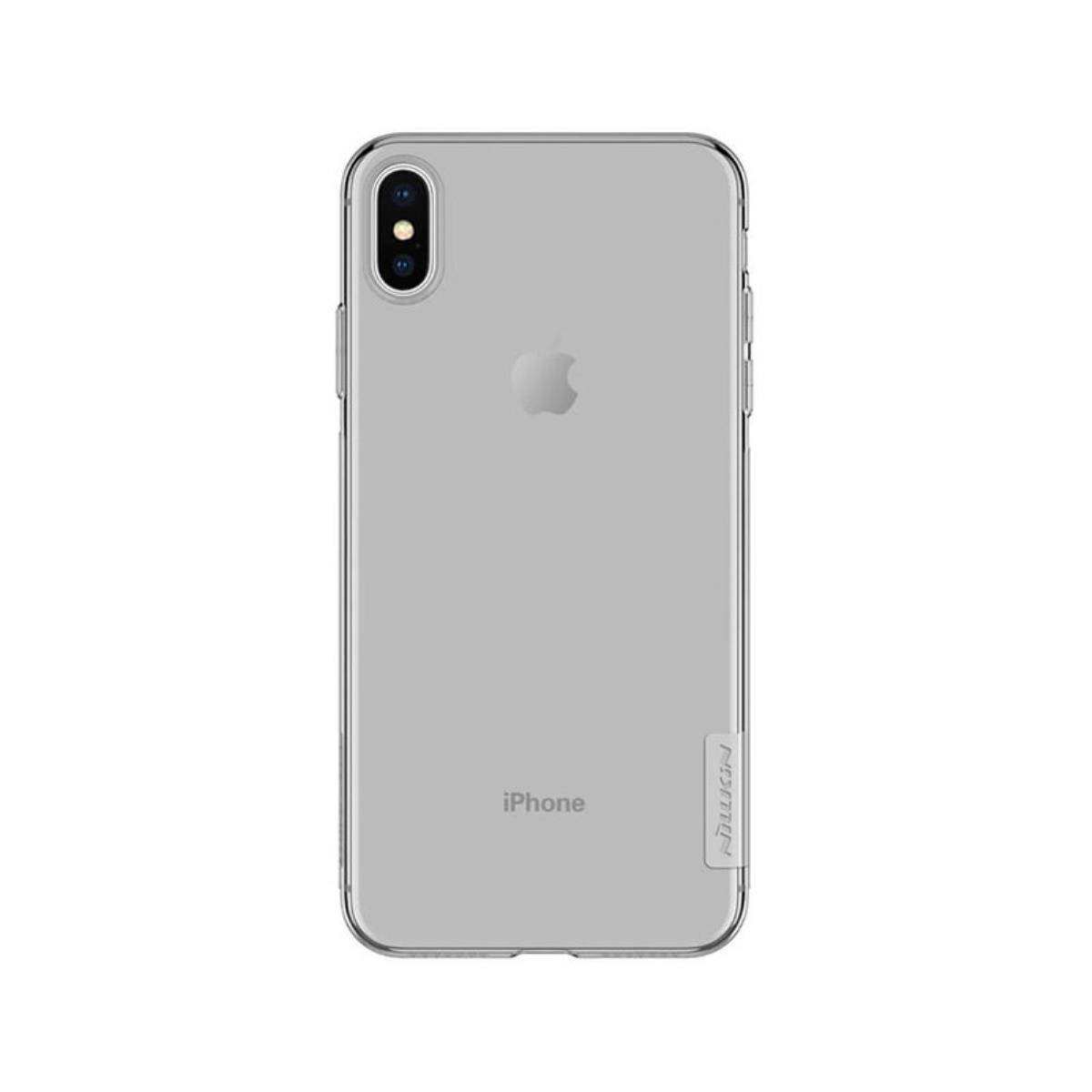 Custodia trasparente per iPhone con logo Apple e fotocamera.