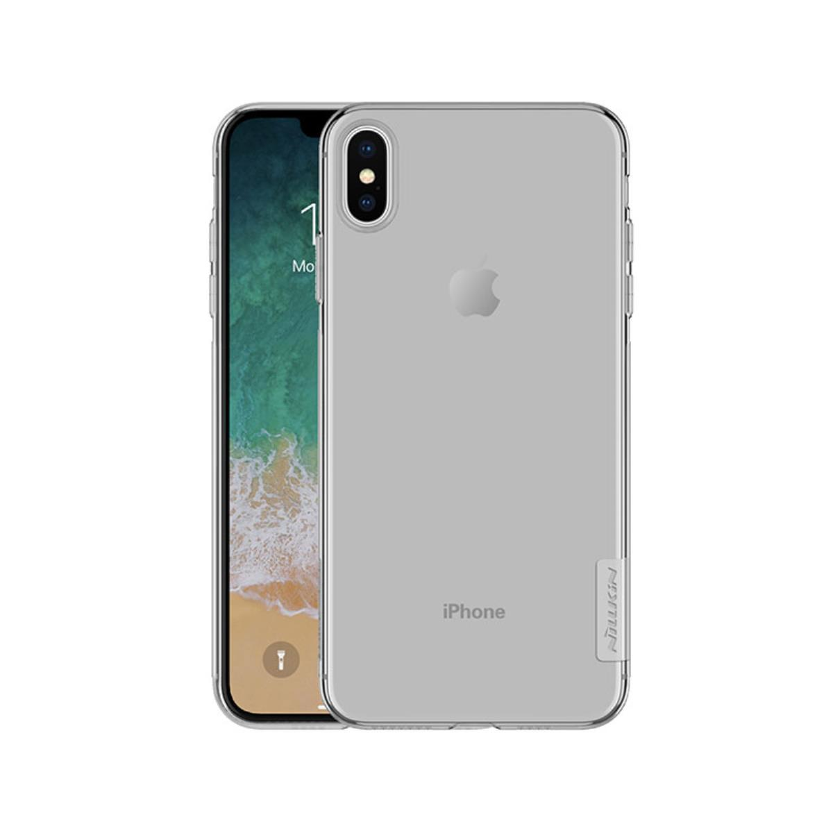 Una custodia trasparente per telefono con un iPhone all'interno. L'iPhone ha uno sfondo a onde.