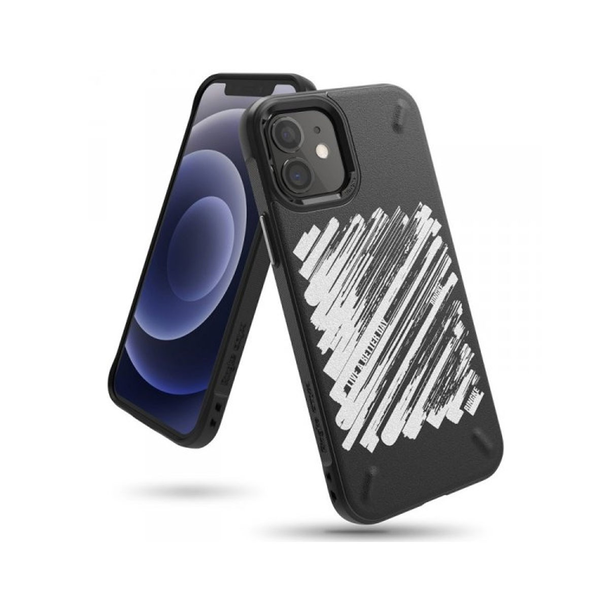 Un iPhone nero con custodia con design a pennellate bianche.