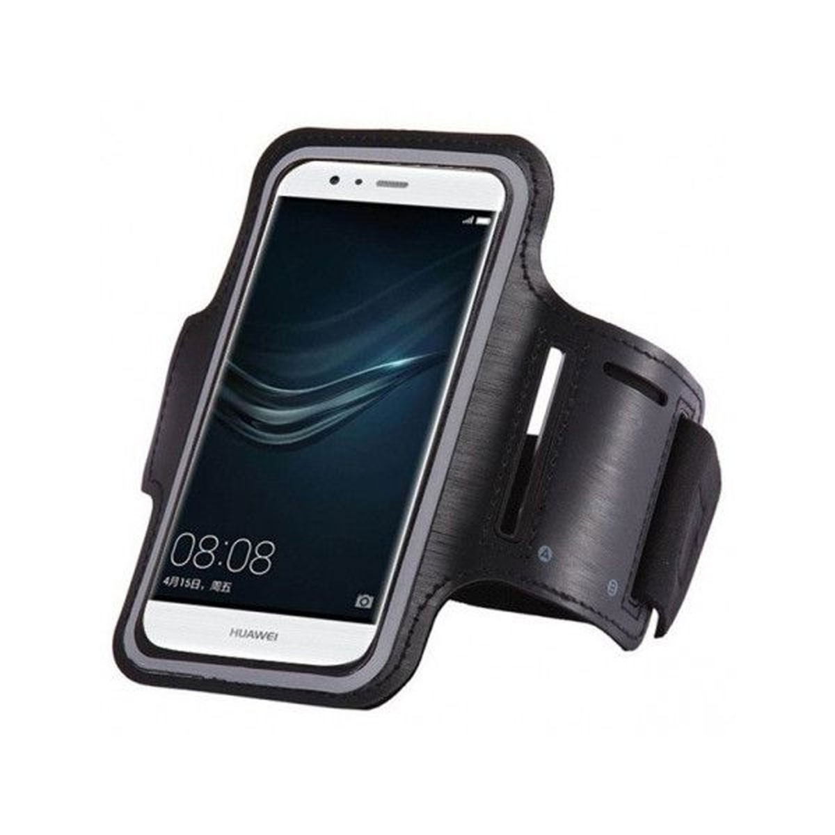 Fascia da braccio nera per telefono con telefono Huawei, schermo bianco mostra 08:08.