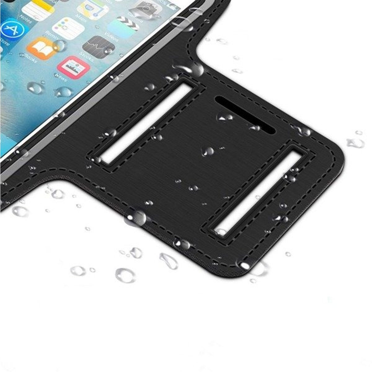 Fascia da braccio nera per telefono con gocce d'acqua e icone.