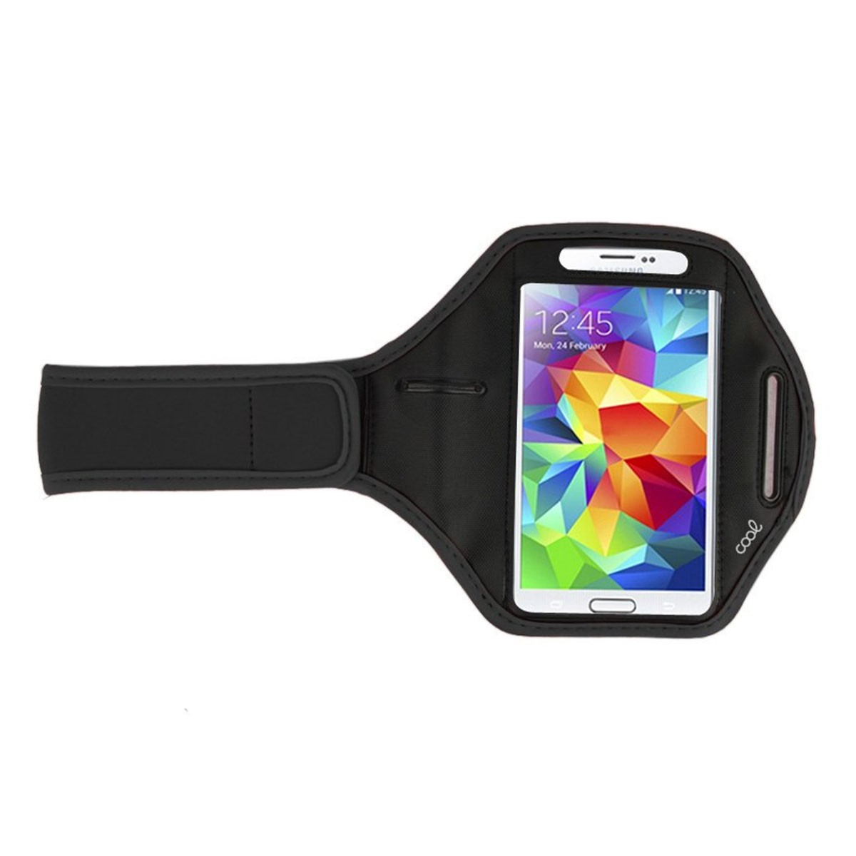 Una fascia da braccio nera con uno smartphone che mostra uno sfondo astratto colorato.
