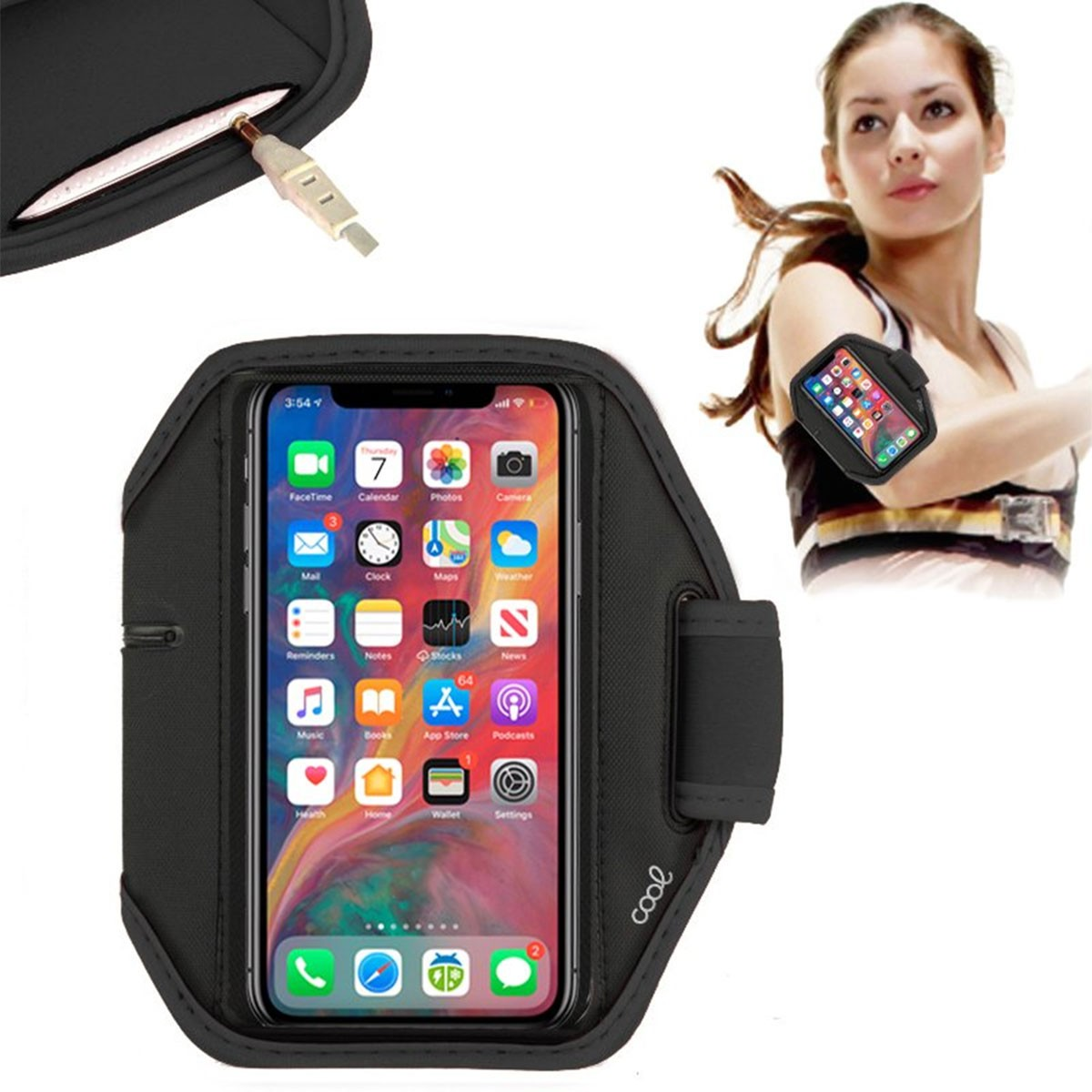 Donna con bracciale porta telefono. Schermo telefono con app. Cavo di ricarica.