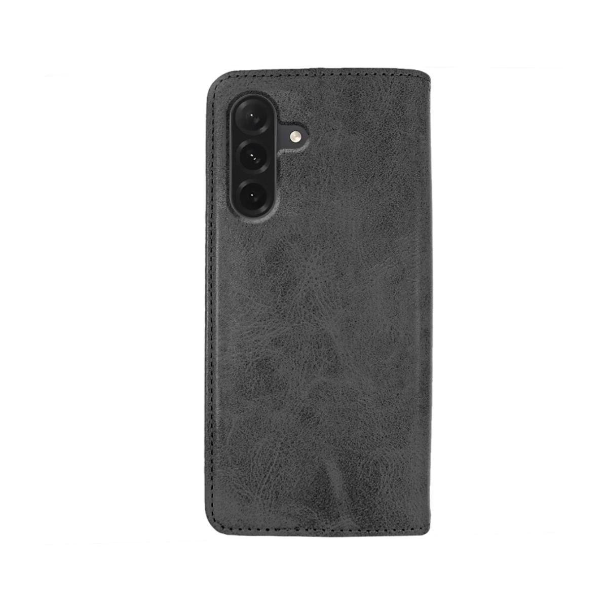 Custodia per telefono in pelle grigio scuro con tre obiettivi della fotocamera.