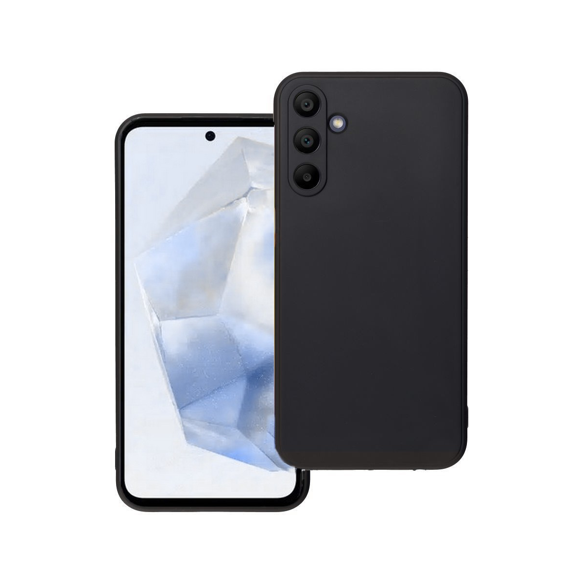 Uno smartphone nero con tripla fotocamera posteriore, visualizzato su uno sfondo di iceberg.