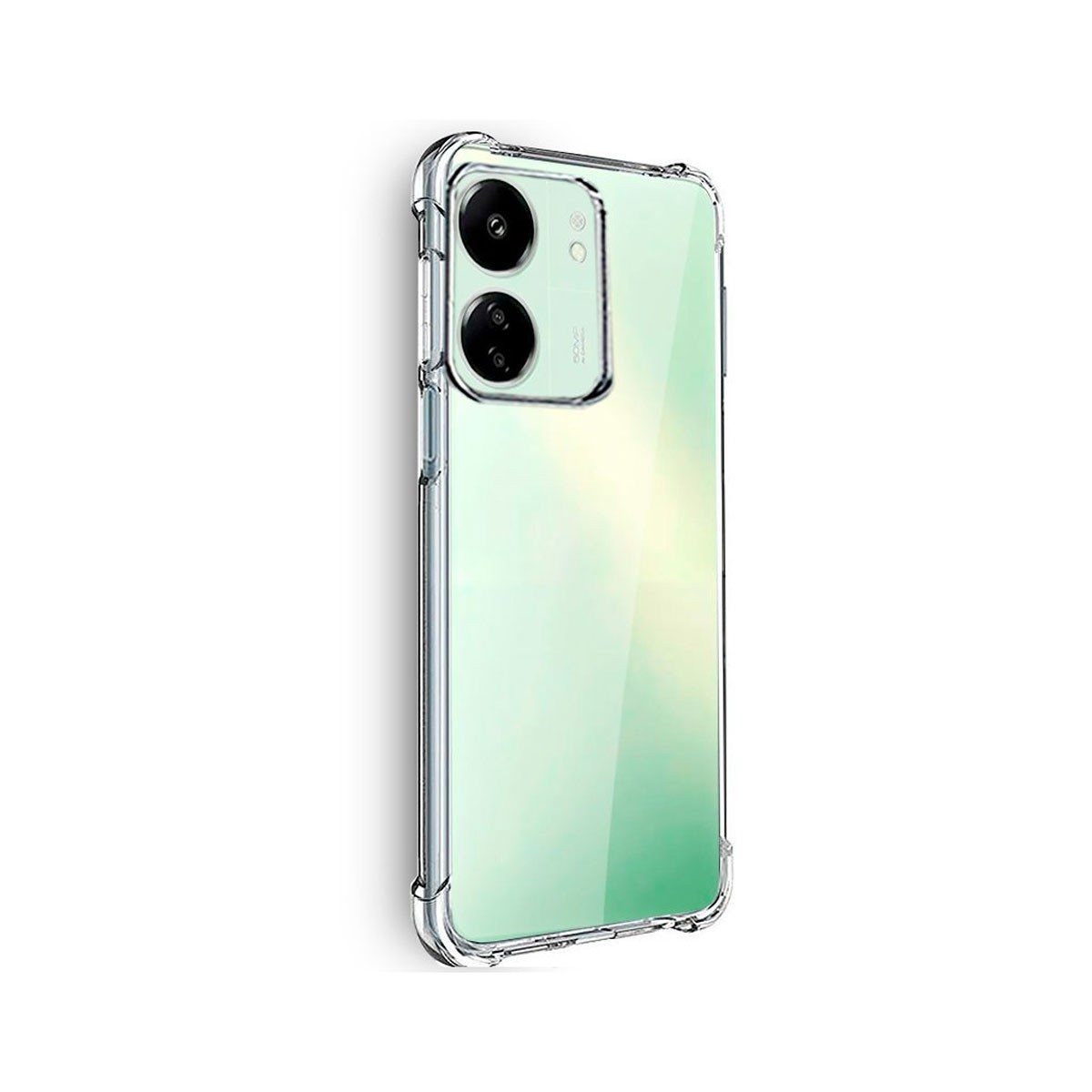 Una custodia trasparente per telefono con modulo fotocamera posteriore bicolore.
