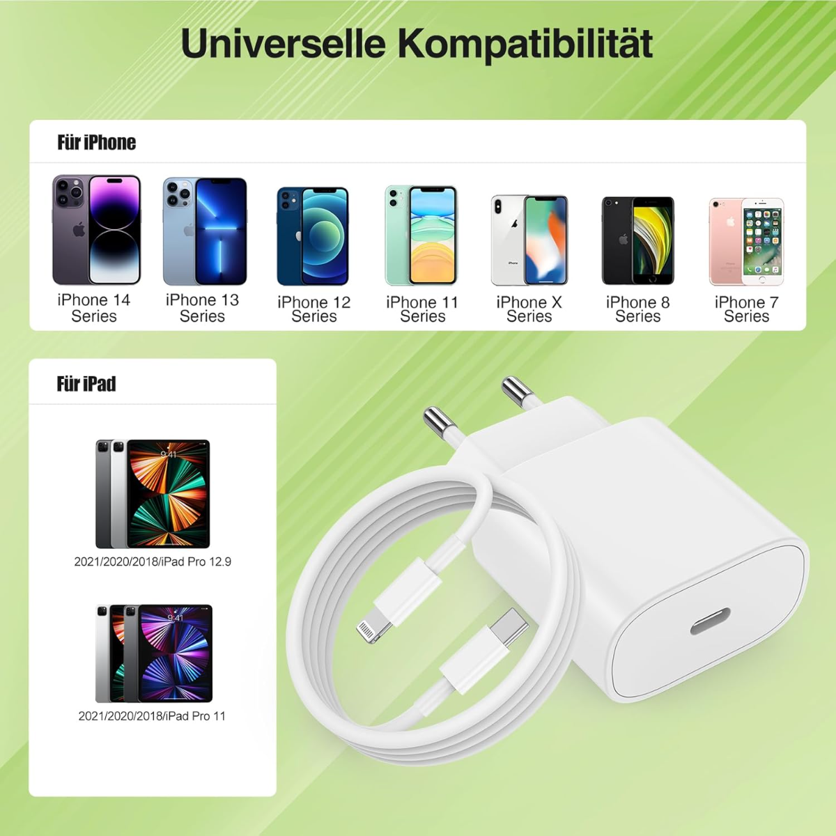 Kompatibilität von iPhone- und iPad-Modellen mit Ladeadapter und Kabel.