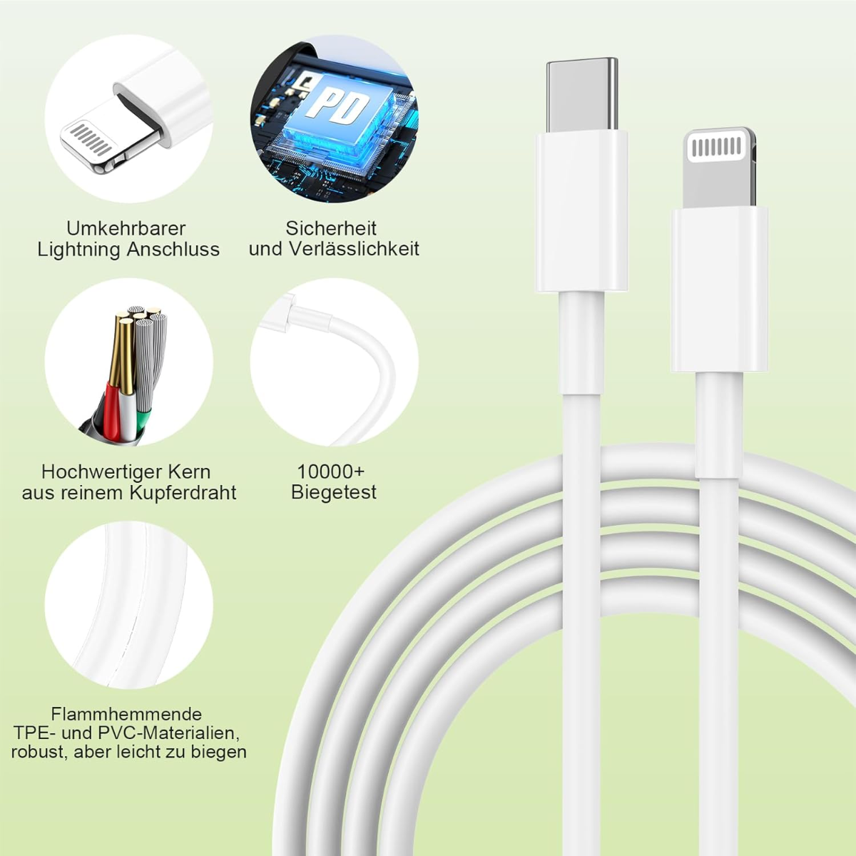 Ein weißes USB-C zu Lightning Ladekabel mit Nahaufnahmen von Anschlüssen und Kabelmaterial.
