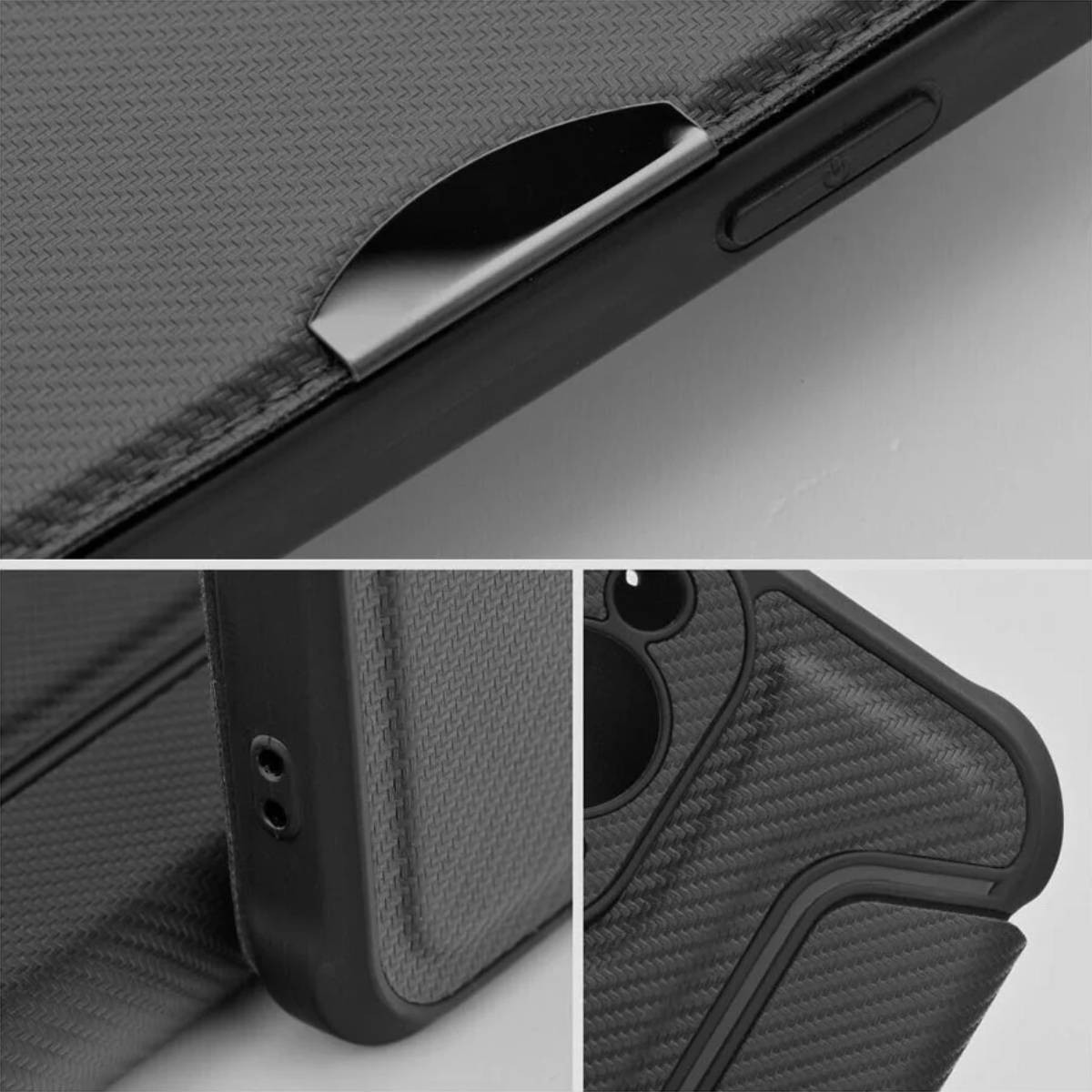 Primo piano di dettaglio di cover nera per telefono con motivo e pulsanti.