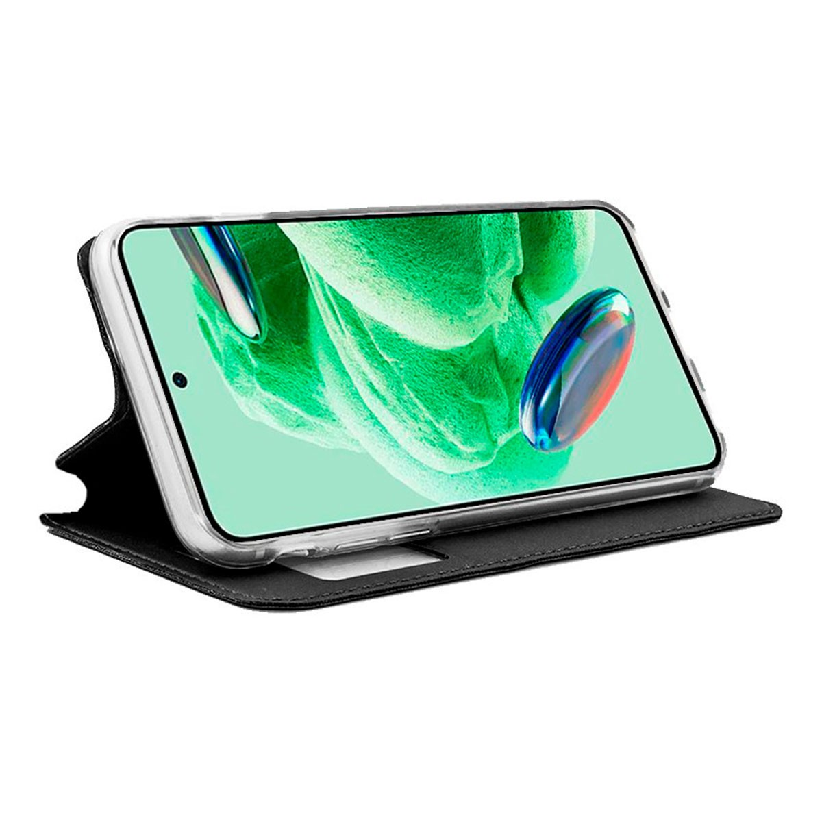 Uno smartphone in una custodia nera con uno sfondo astratto verde.