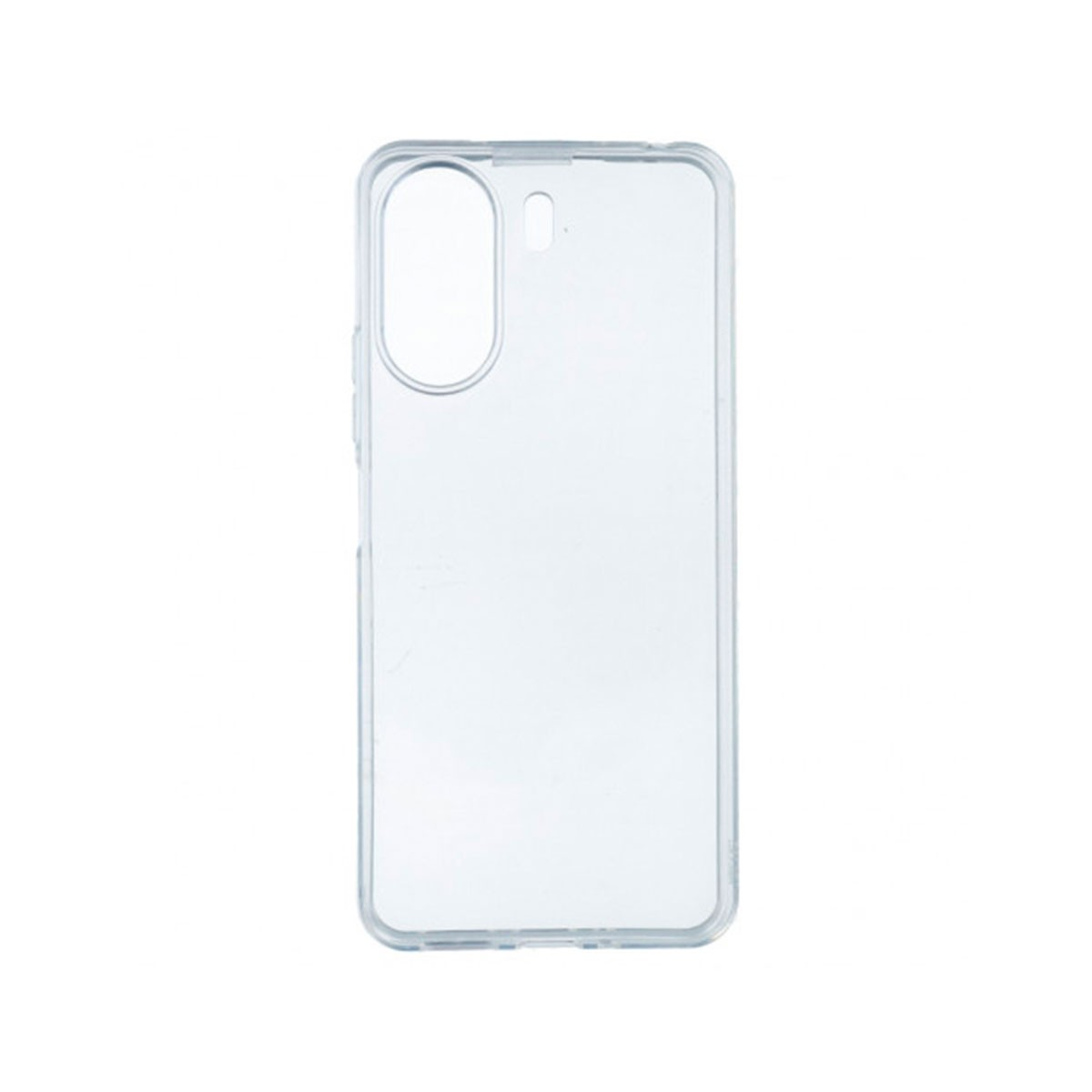 Custodia trasparente in plastica per telefono con foro fotocamera.