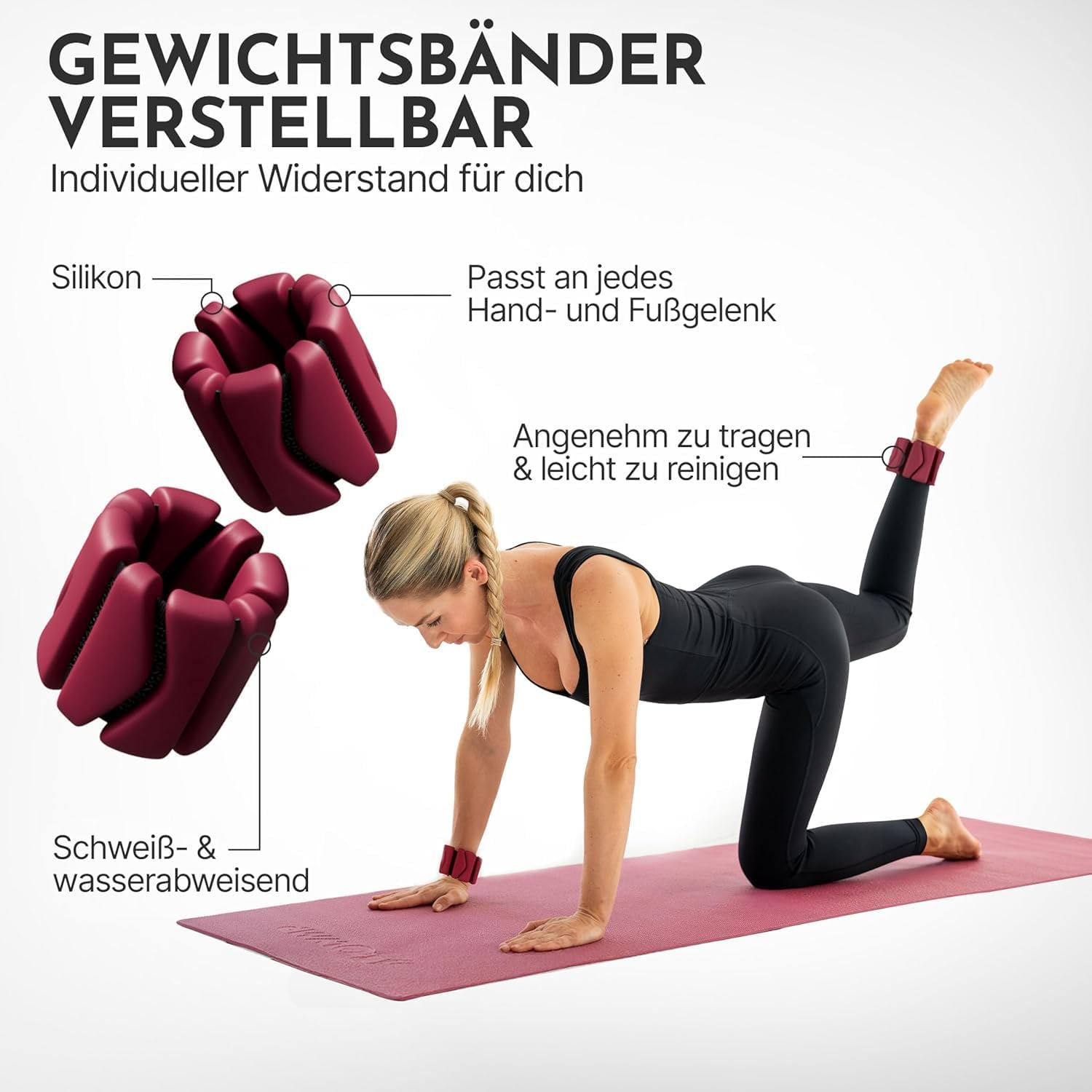 Frau auf einer Matte trainiert mit roten Gewichtsarmbändern an Hand- und Fußgelenken.