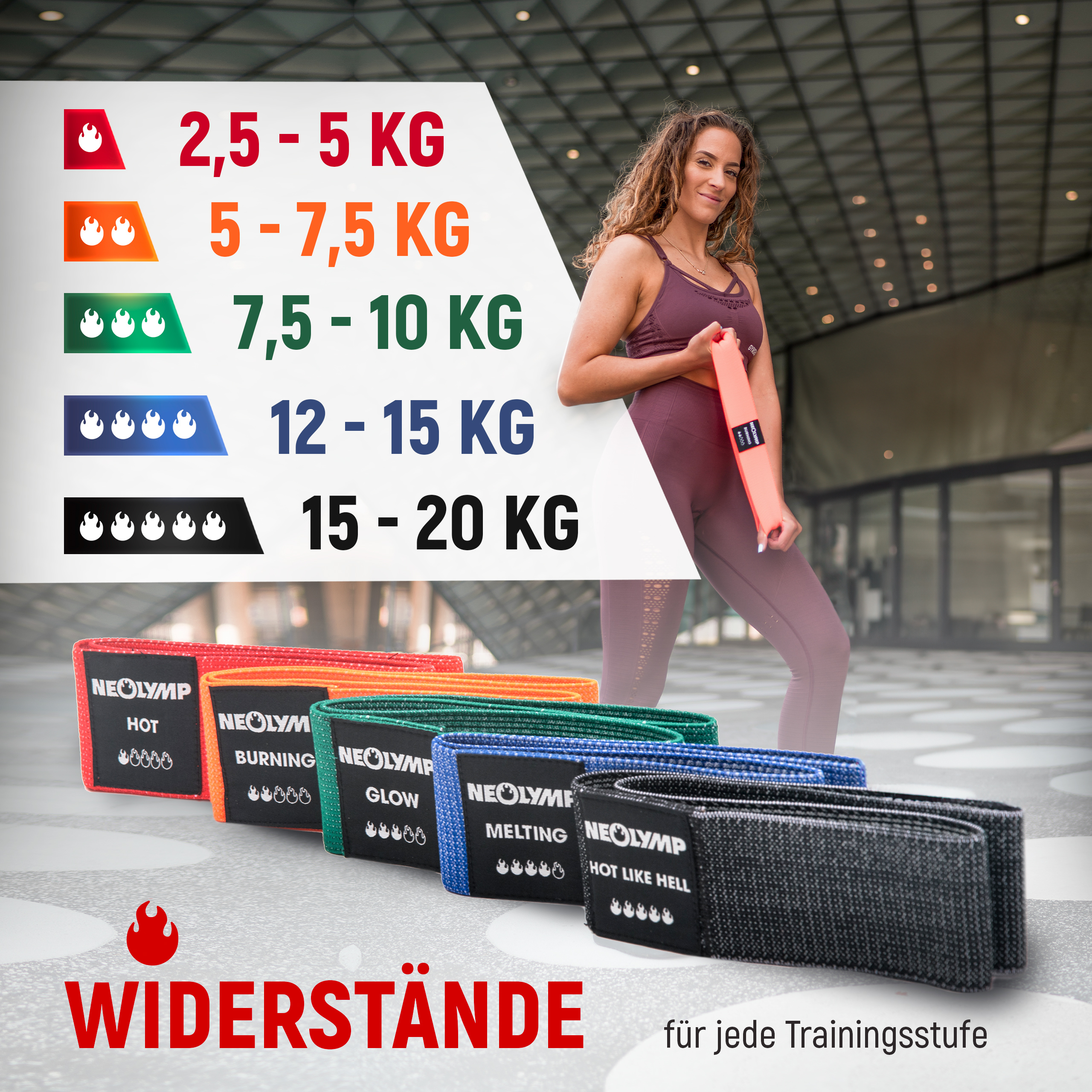 Eine Frau posiert mit Fitnessbändern in verschiedenen Widerstandsstufen.