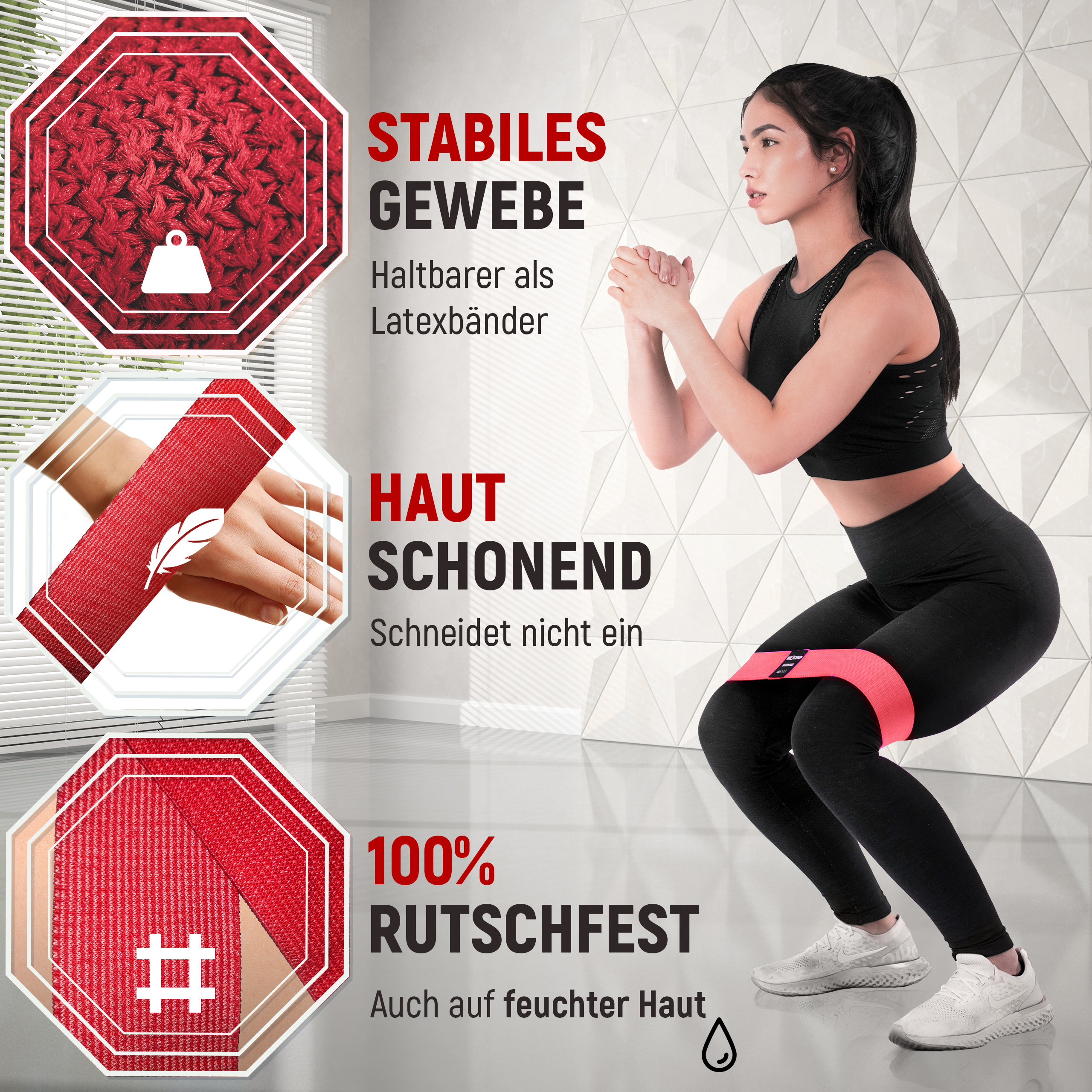 Frau macht Squats mit pinkem Band. Rotes Gewebe-Detail oben und unten.