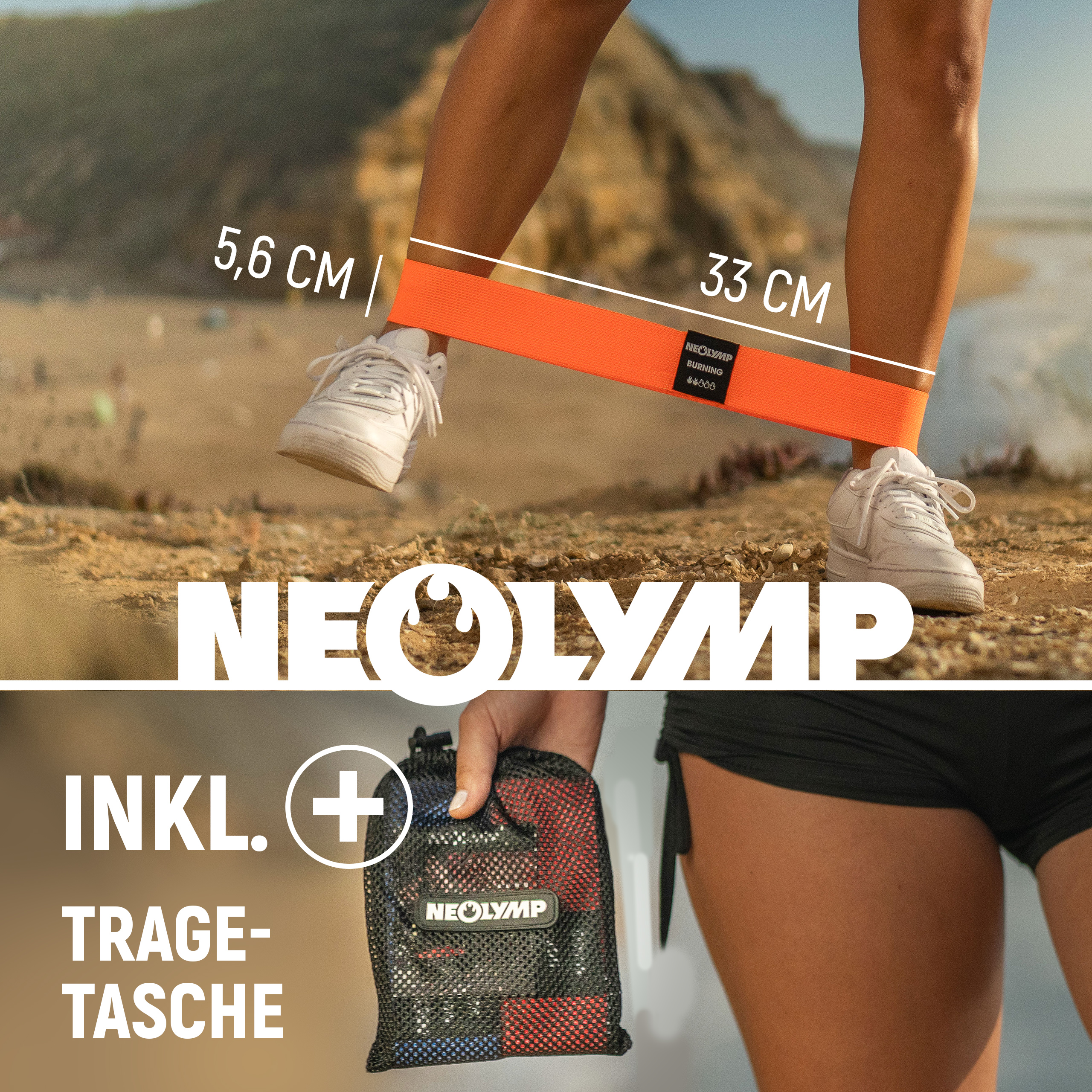 Frau mit Fitnessband am Bein und Tragetasche mit Bändern.