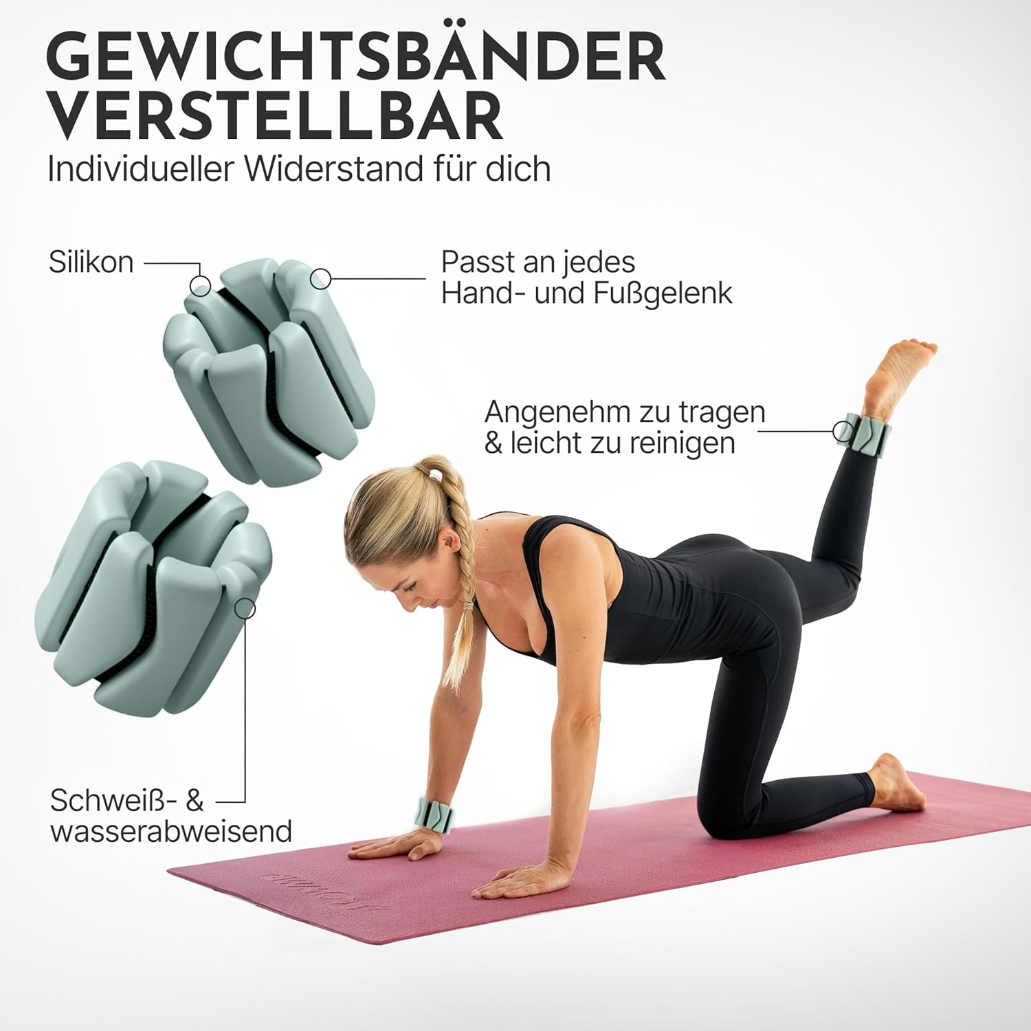 Frau trainiert mit verstellbaren Gew Bändern an Handgelenk und Knöchel.