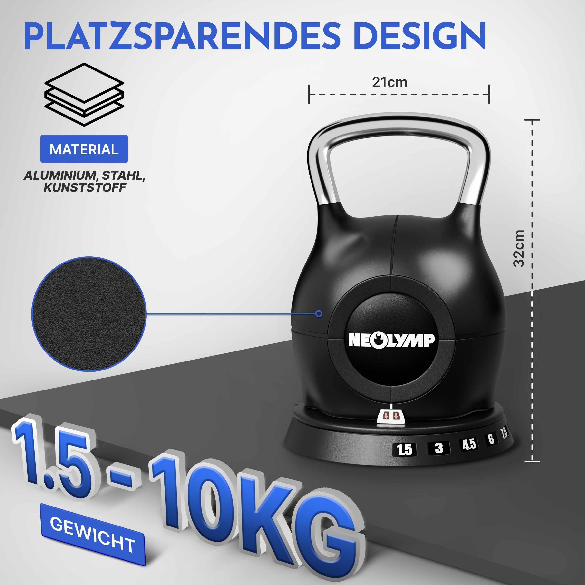Schwarze Kettlebell mit silbernem Griff, 32cm hoch, 21cm breit. Gewicht 1.5-10kg.