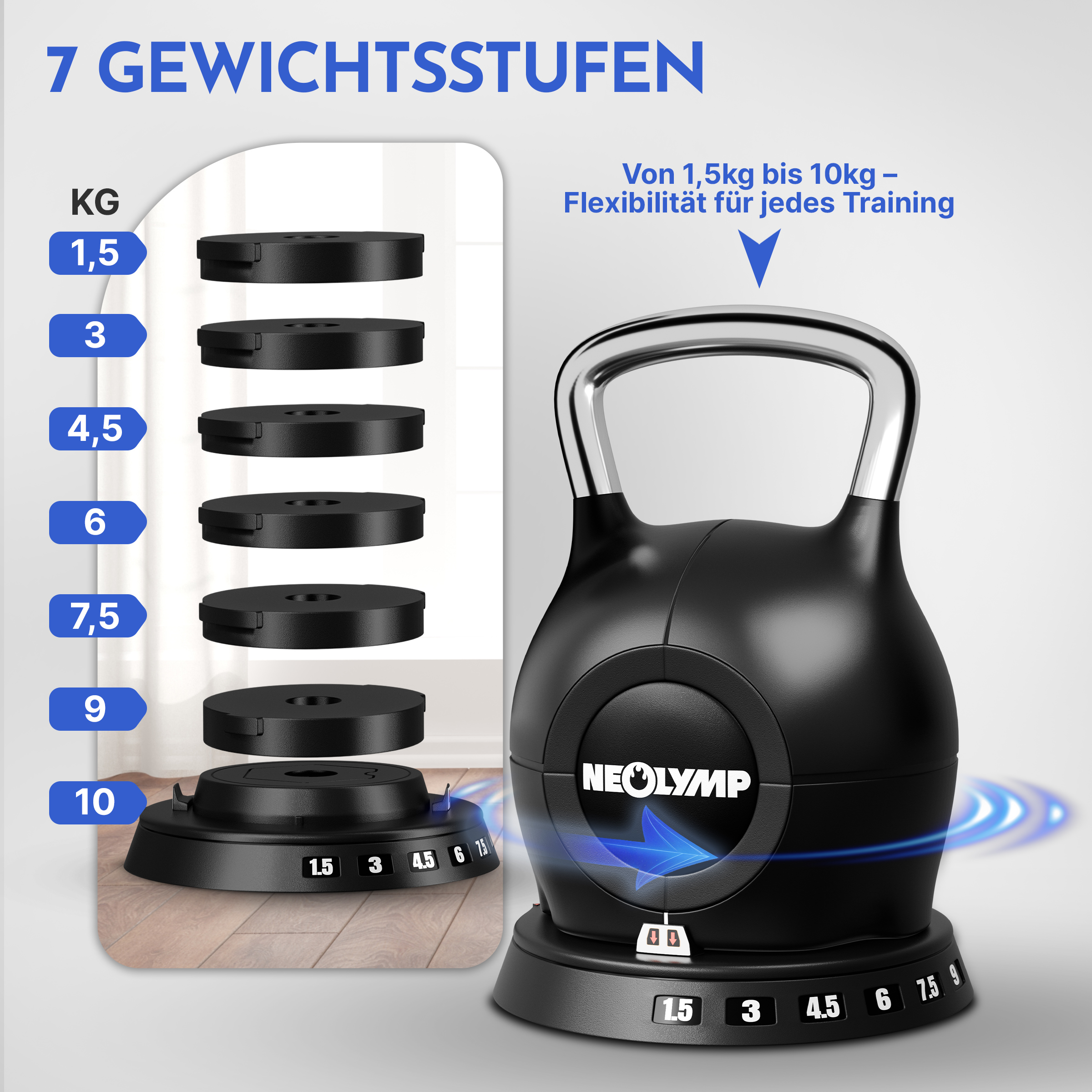 Verstellbare Kettlebell von 1,5 bis 10kg auf einem Sockel mit Gewichtsanzeigen.