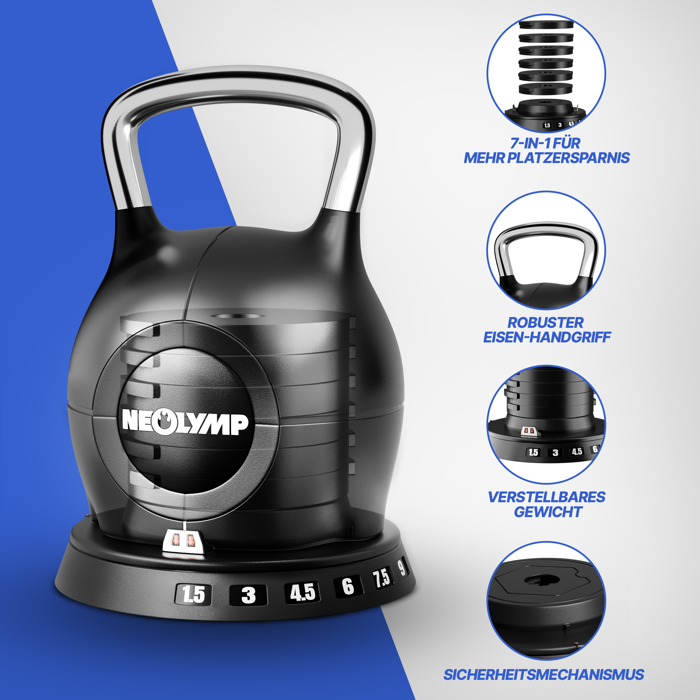 Schwarze Kettlebell mit silbernem Griff und Gewichtsangaben.