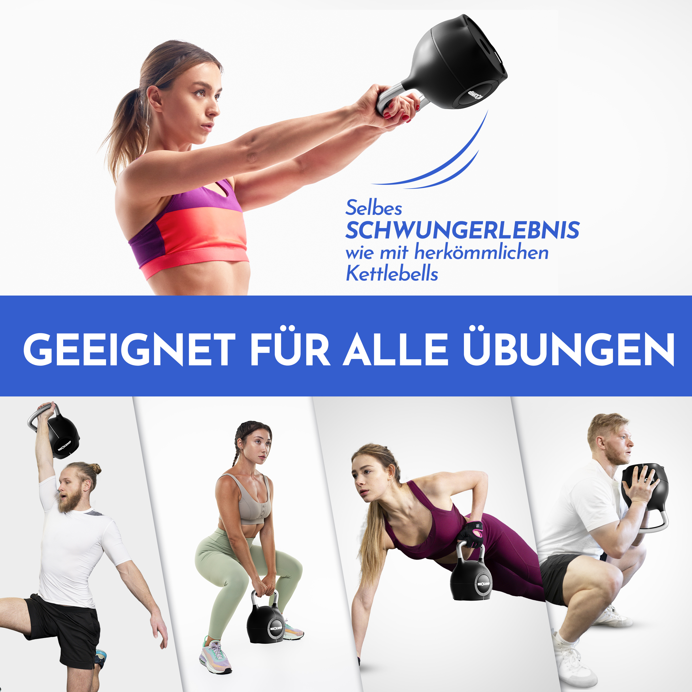 Vier Personen trainieren mit Kettlebells in verschiedenen Übungen.