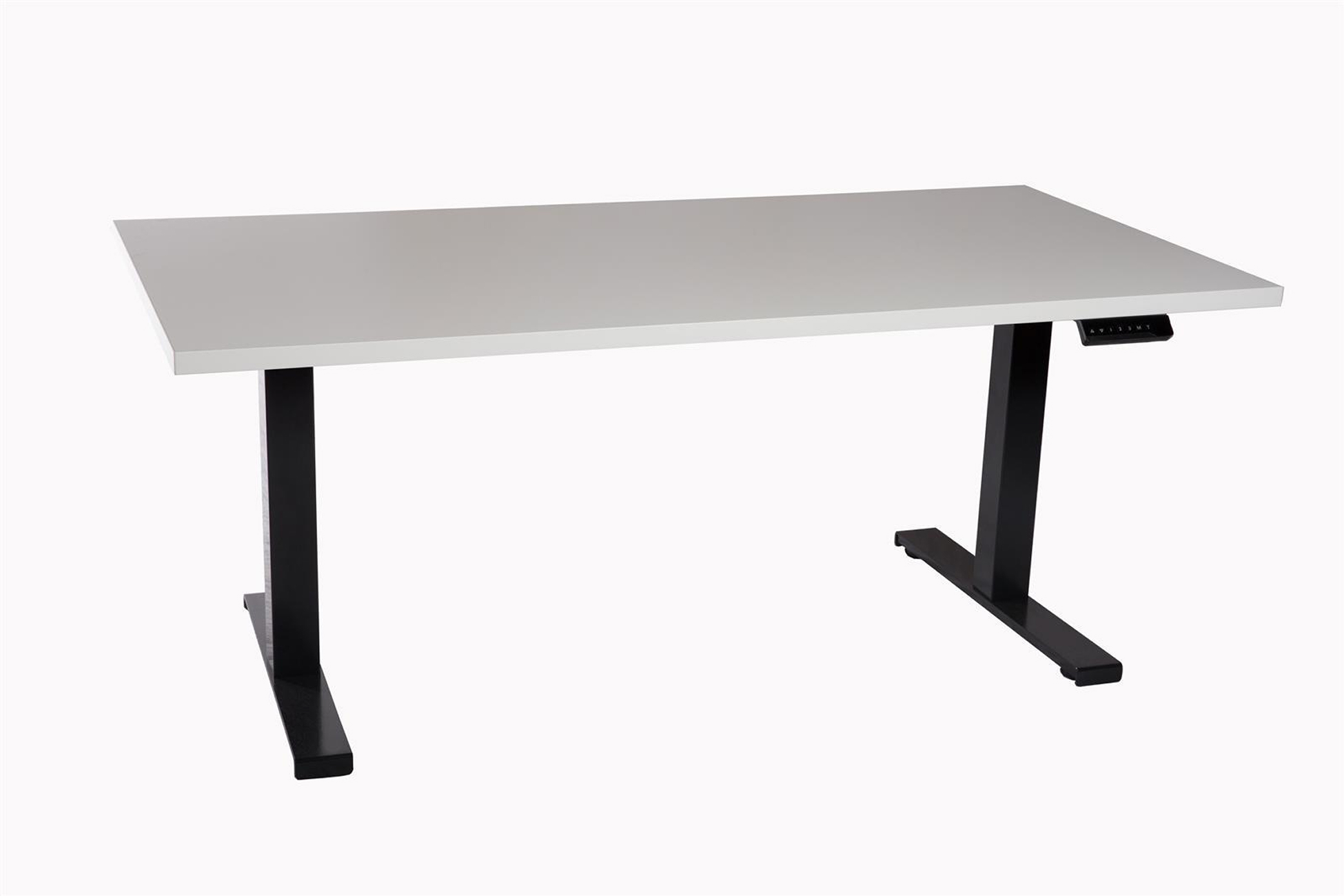 Ein höhenverstellbarer Schreibtisch mit einer hellgrauen Platte und schwarzen Beinen.