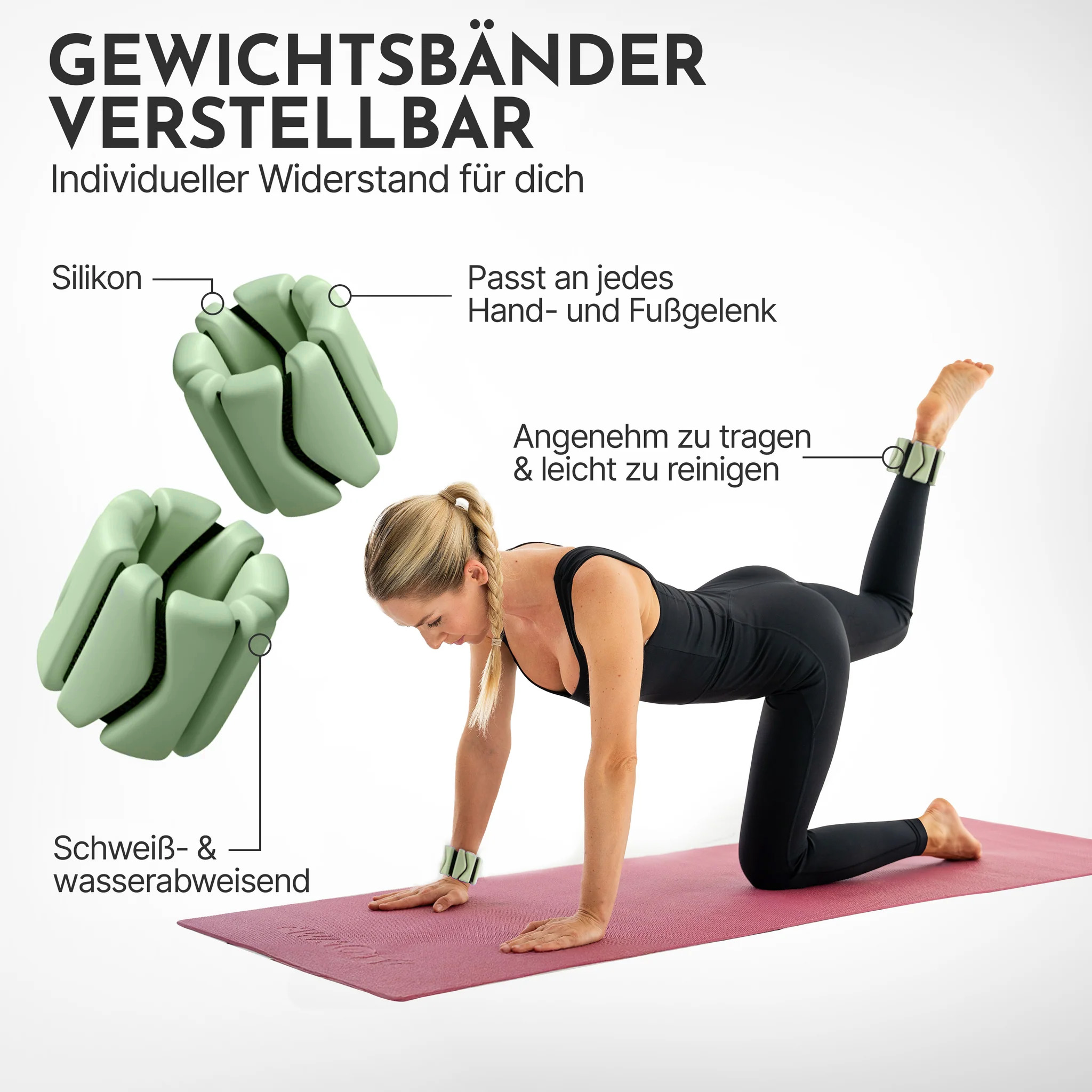 Frau trainiert mit verstellbaren Gewichtsbändern an Hand- und Fußgelenk.